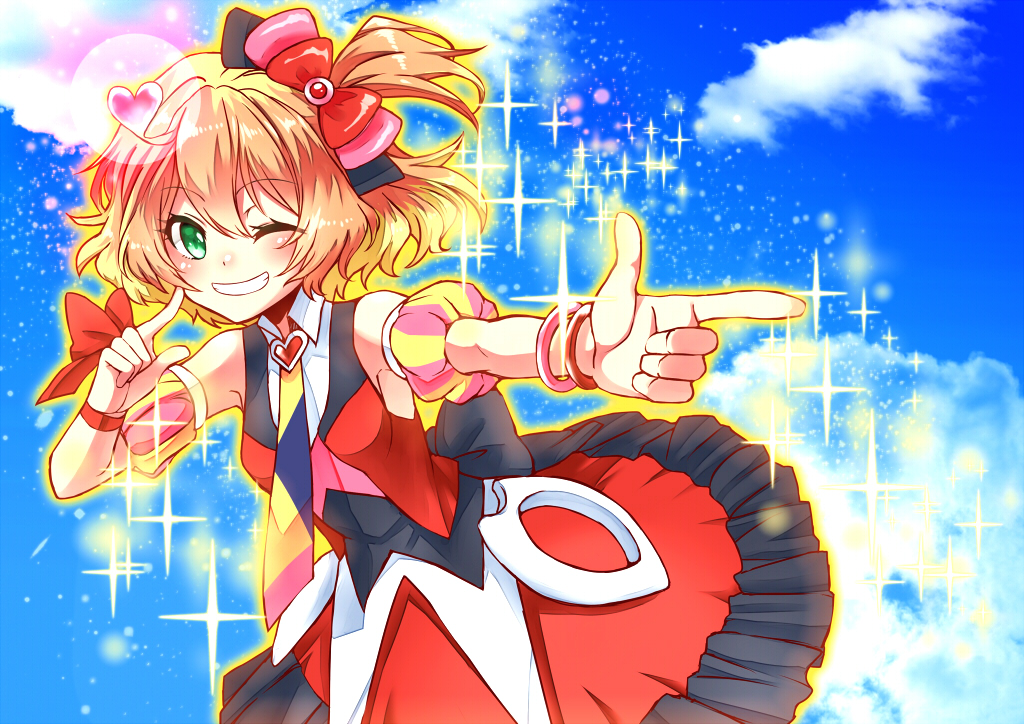 kaikai, freyja wion, macross, macross delta, commentary request, 1girl, blonde hair, blue sky, blush, bow, bracelet, cloud, day, dress, eyelashes, finger to cheek, green eyes, grin, hair bow, heart, jewelry, multicolored necktie, multiple bracelets, necktie, one eye closed, one side up, outline, outstretched arm, pointing, red bow, red dress, red ribbon, ribbon, sky, smile, solo, sparkle, teeth, wrist ribbon, yellow outline