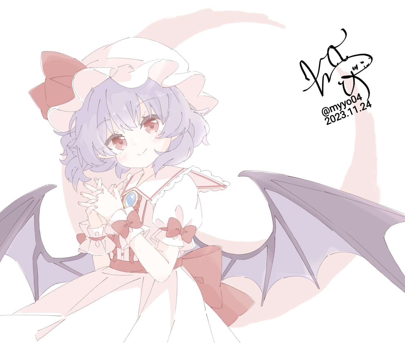 chame (myyo04), remilia scarlet, touhou, commentary request, 1girl, ascot, back bow, bat wings, bow, brooch, closed mouth, dated, hat, hat ribbon, interlocked fingers, jewelry, looking at viewer, mob cap, own hands together, pink hat, pink shirt, pink skirt, puffy short sleeves, puffy sleeves, purple hair, red ascot, red bow, red eyes, ribbon, shirt, short sleeves, signature, skirt, sleeve bow, smile, solo, twitter username, wings, wrist cuffs