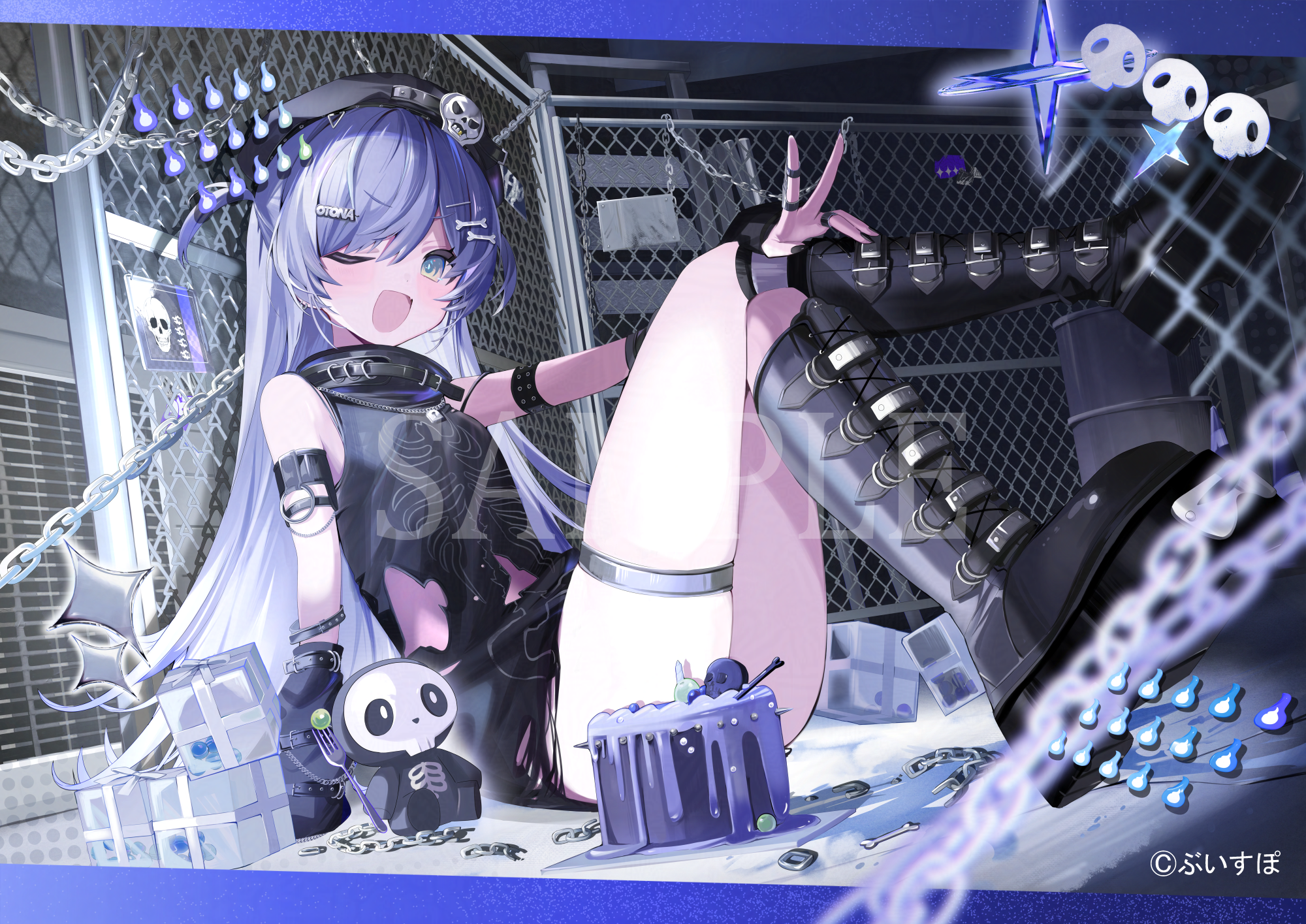onodera nire, yano kuromu, vspo!, commentary request, highres, 1girl, ;d, bare shoulders, black boots, black hat, black shirt, blue eyes, blue hair, bone hair ornament, boots, box, cartoon bone, chain, copyright notice, gift, gift box, hair between eyes, hair ornament, hat, hat ornament, jewelry, legs up, long hair, looking at viewer, one eye closed, open mouth, piercing, ring, shirt, sitting, skeleton print, skull hat ornament, sleeveless, smile, solo, thigh strap, torn clothes, two side up, virtual youtuber