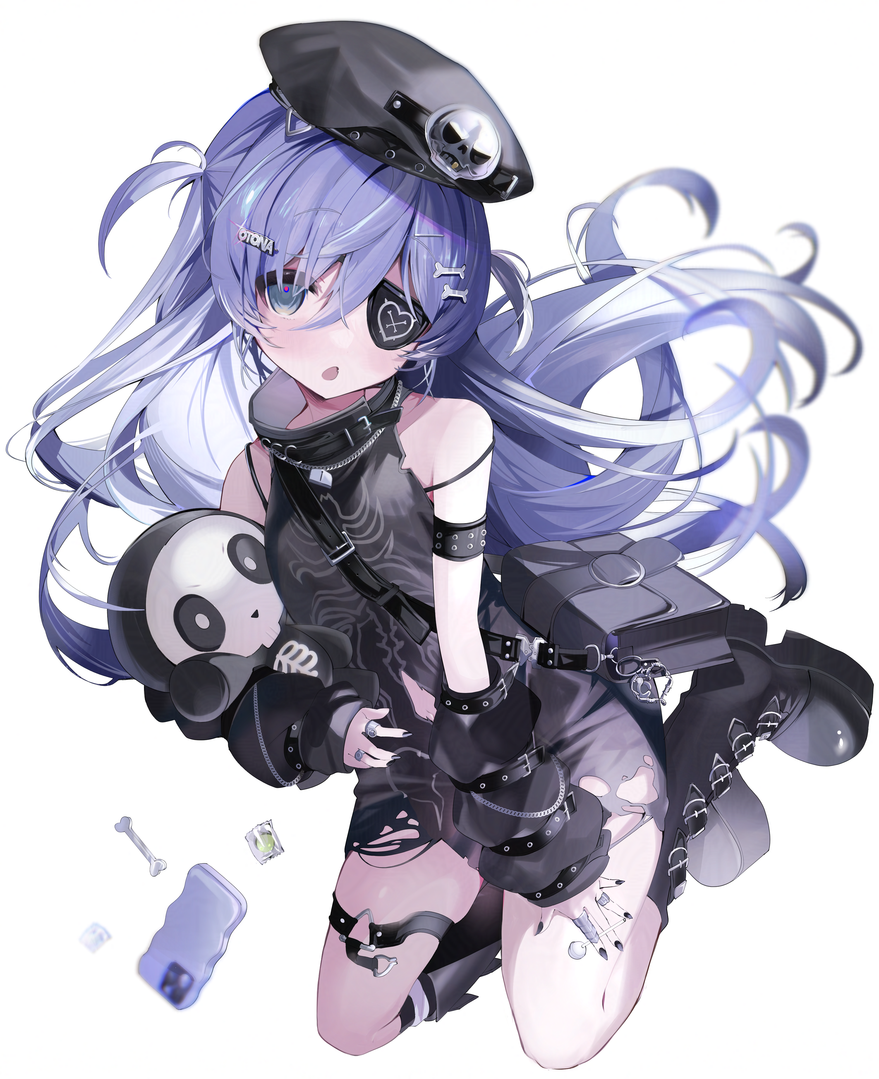 onodera nire, yano kuromu, vspo!, absurdres, commentary request, highres, 1girl, arm warmers, armlet, bag, beret, black bag, black boots, black hat, black nails, black shirt, blue hair, bone hair ornament, boots, collared shirt, eyepatch, grey eyes, hair ornament, hat, jewelry, knee boots, long hair, looking at viewer, multiple rings, nail polish, open mouth, ring, shirt, shoulder bag, simple background, sleeveless, sleeveless shirt, solo, thigh strap, torn clothes, torn shirt, two side up, virtual youtuber, white background