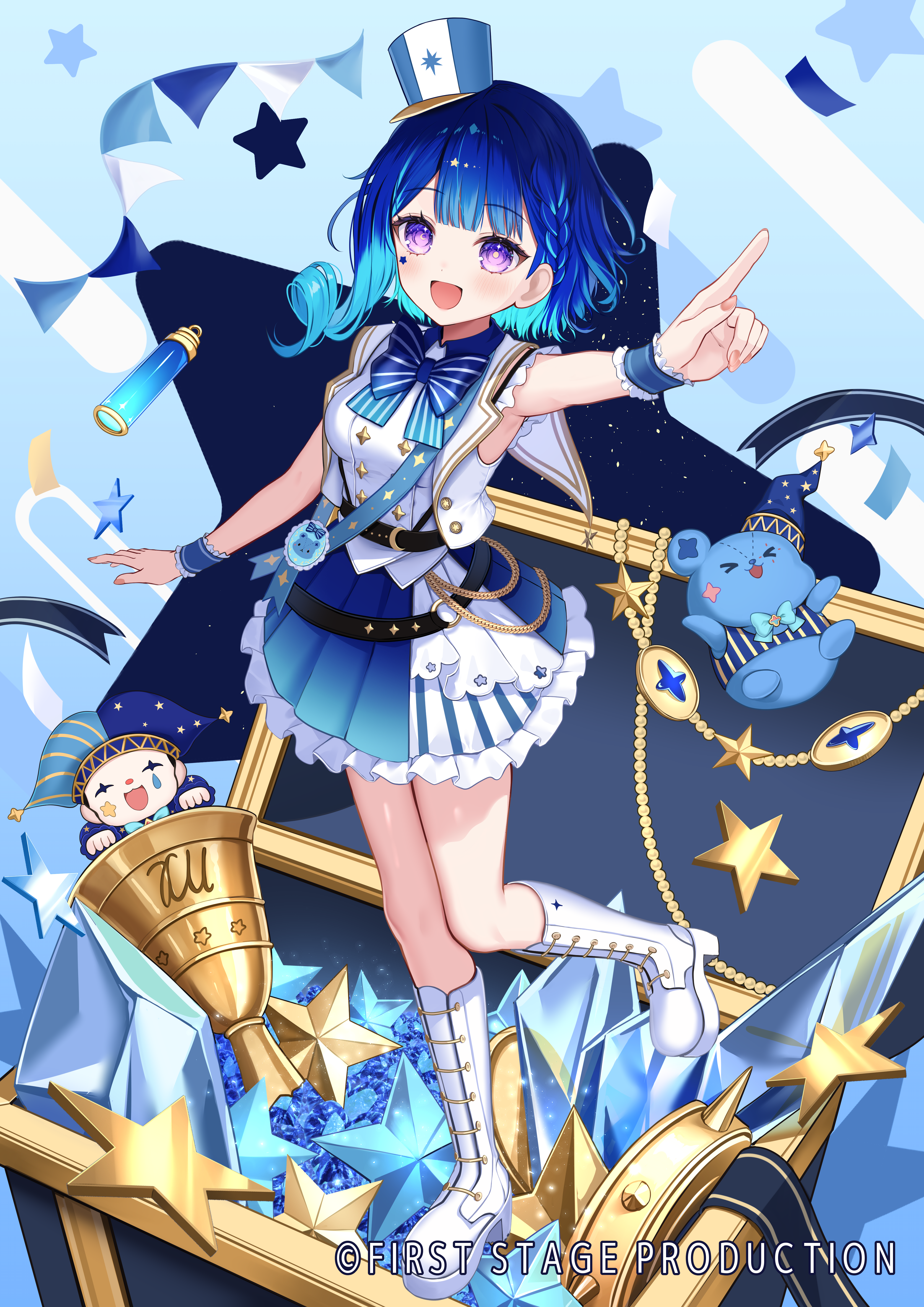 fuyoyo, first stage production, absurdres, commentary request, highres, official art, 1girl, :d, bell, blue bow, blue hair, blue skirt, boots, bow, braid, copyright notice, cropped jacket, drill hair, frilled skirt, frilled wrist cuffs, frills, hat, hoshikage tetra, index finger raised, jacket, mark under eye, medium hair, mini hat, open clothes, open jacket, open mouth, pleated skirt, purple eyes, shirt, single sidelock, skirt, sleeveless, sleeveless jacket, sleeveless shirt, smile, solo, star (symbol), virtual youtuber, white boots, white jacket, white shirt, wrist cuffs