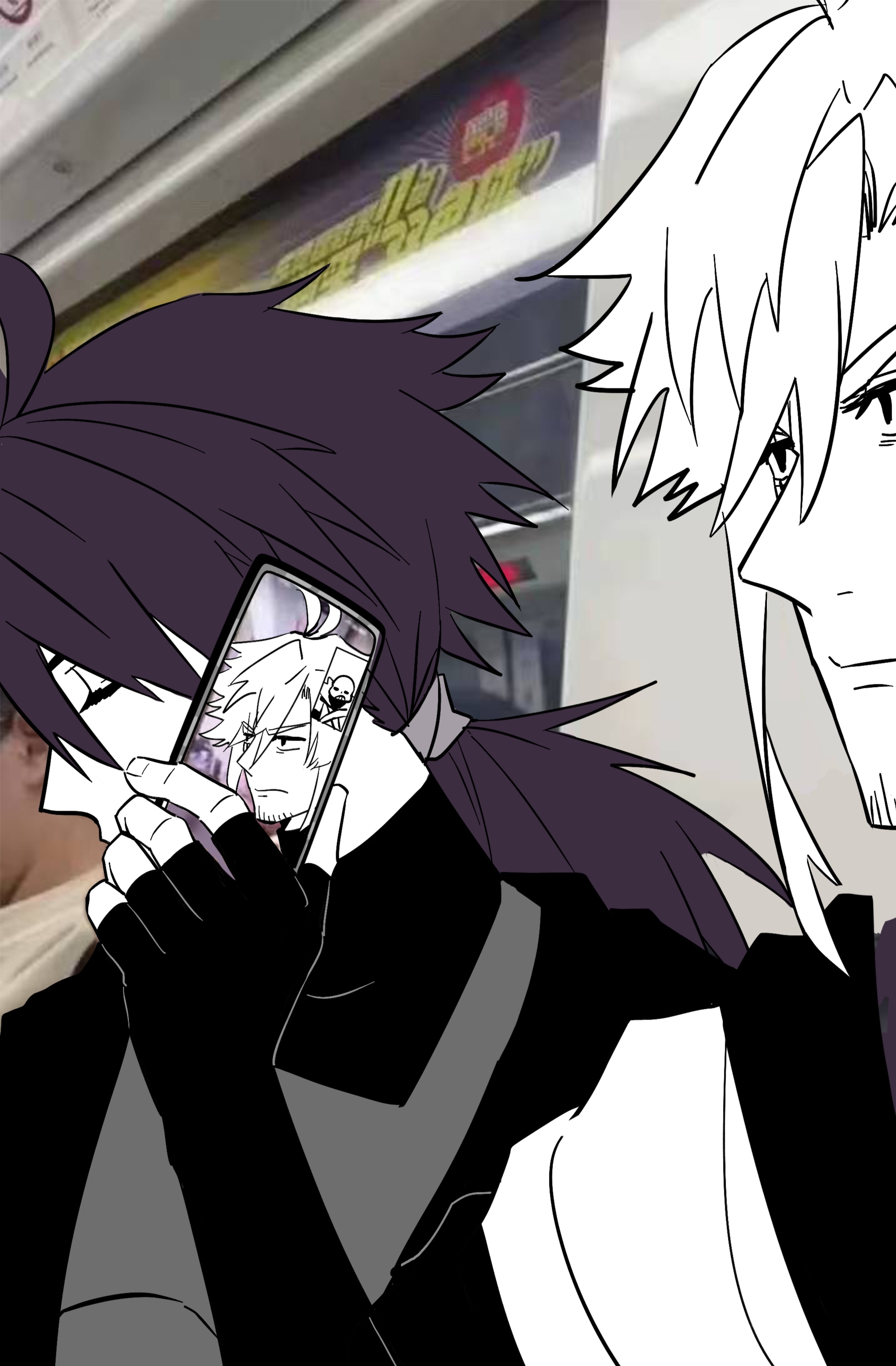 hanbaobaobaozhu, chara (undertale), frisk (undertale), sans (undertale), undertale, utdr (toby fox), xtale, absurdres, chinese commentary, commentary request, highres, 2boys, alternate universe, angry, antenna hair, black eyes, black gloves, black jacket, black sweater, brothers, closed eyes, closed mouth, colored skin, covered mouth, facial hair, fingerless gloves, fingernails, flat color, frown, gloves, hair tie, hand up, holding, holding phone, jacket, long hair, looking ahead, male focus, meme, multiple boys, open clothes, open jacket, phone, photo background, profile, purple hair, short hair, siblings, sweater, turtleneck, turtleneck sweater, u u, upper body, v-shaped eyebrows, white hair, white skin