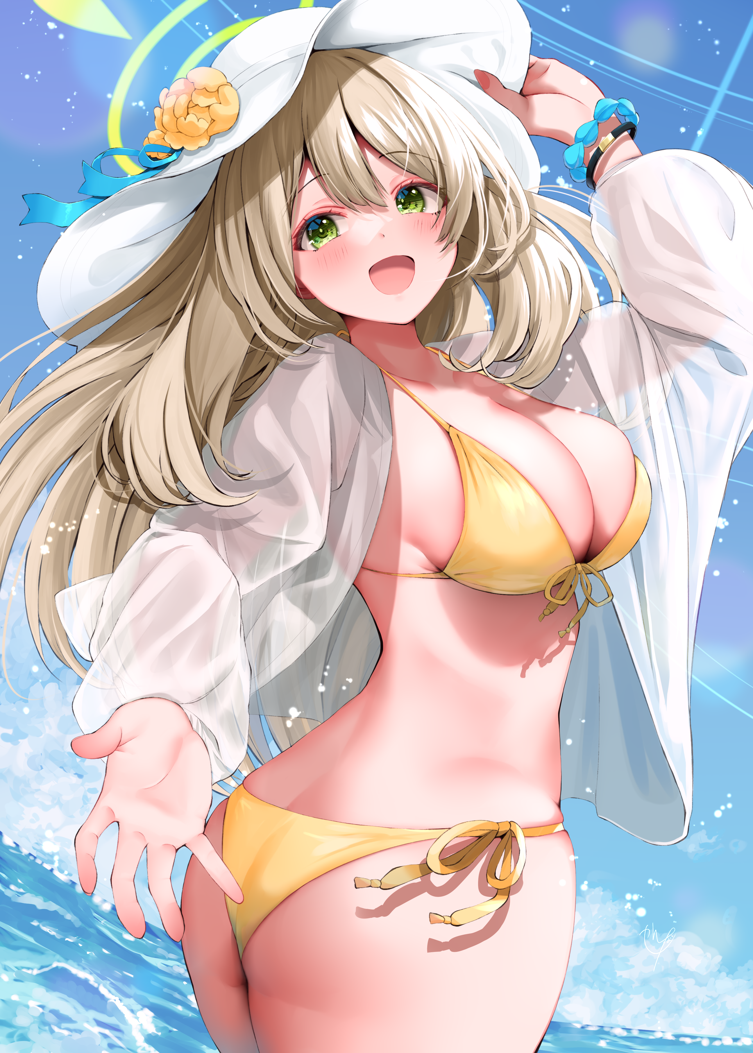 narushima kanna, nonomi (blue archive), nonomi (swimsuit) (blue archive), blue archive, absurdres, highres, 1girl, :d, ass, bead bracelet, beads, bikini, blue ribbon, blue sky, blush, bracelet, breasts, brown hair, cleavage, cloud, collarbone, day, flower, front-tie bikini top, front-tie top, green eyes, halo, halterneck, hat, hat flower, jacket, jewelry, large breasts, long hair, looking at viewer, ocean, official alternate costume, open clothes, open jacket, open mouth, outdoors, ribbon, see-through clothes, side-tie bikini bottom, sky, smile, solo, string bikini, sun hat, swimsuit, upper body, white hat, yellow bikini, yellow flower