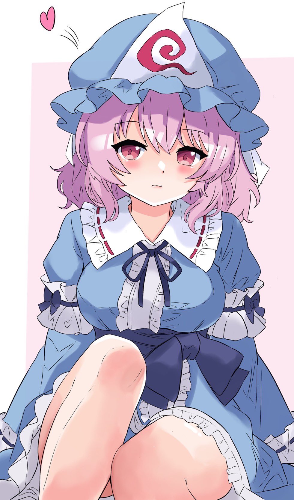 touhourennsyuu, saigyouji yuyuko, touhou, commentary request, highres, 1girl, :3, blue hat, blue kimono, blue ribbon, blush, breasts, closed mouth, frilled kimono, frills, hat, heart, japanese clothes, kimono, looking at viewer, mob cap, neck ribbon, pink eyes, pink hair, ribbon, sitting, sleeve garter, solo, triangular headpiece