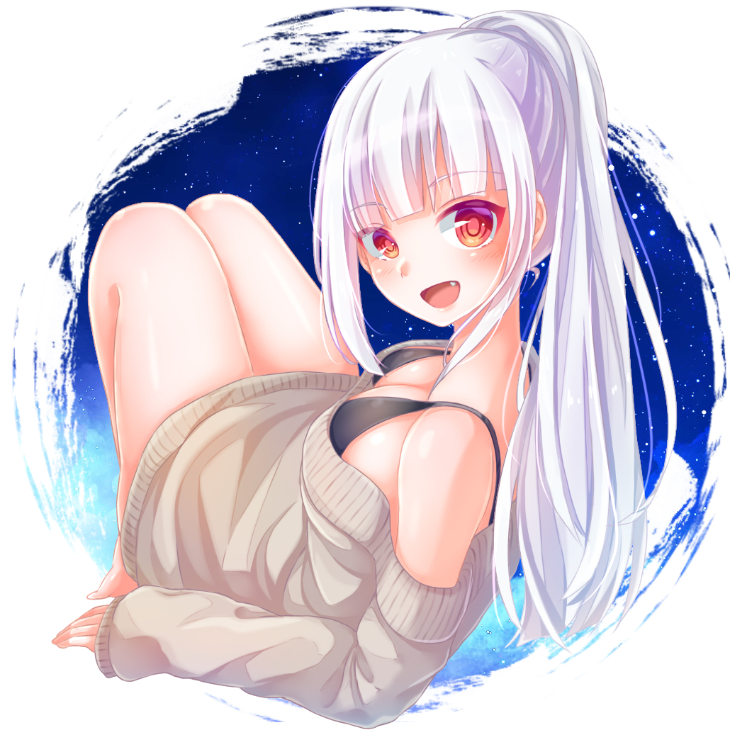 yunagi (arukumaruta), character request, commentary request, copyright request, 1girl, :d, bare shoulders, black bra, blunt bangs, bra, breasts, cleavage, eyelashes, fang, full body, knees up, long hair, long sleeves, looking at viewer, looking back, night, open mouth, ponytail, red eyes, red pupils, sidelocks, sitting, smile, solo, star (sky), sweater, underwear, white hair