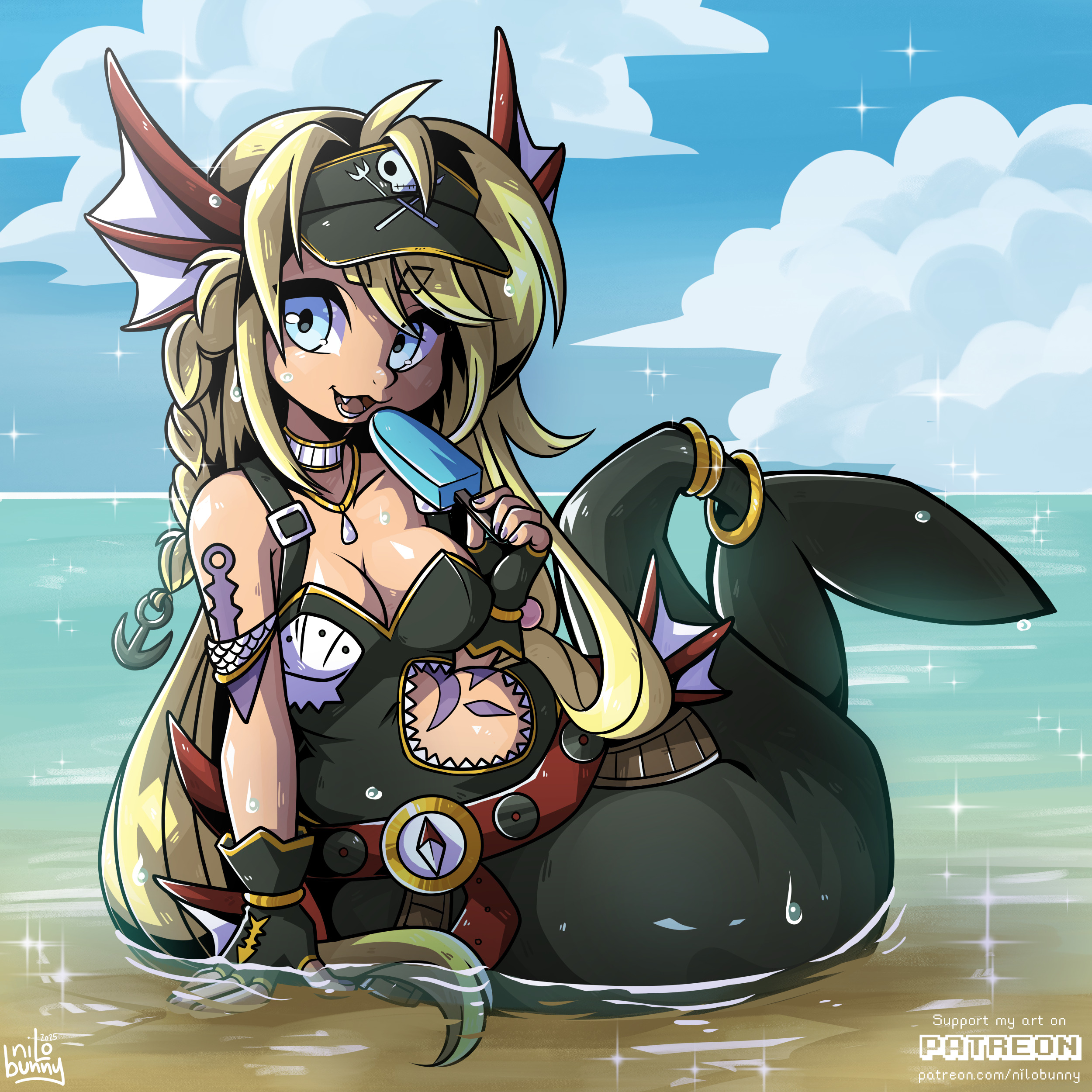 hamsteroftime, mermaimon, digimon, absurdres, highres, 1girl, alternate costume, artist name, beach, black gloves, black hat, blonde hair, blue eyes, blue sky, breasts, cleavage, cloud, day, digimon (creature), fingerless gloves, fins, food, gloves, hat, head fins, holding, holding food, holding popsicle, large breasts, long hair, looking at viewer, mermaid, monster girl, open mouth, outdoors, patreon username, popsicle, purple nails, sky, solo, visor cap, water