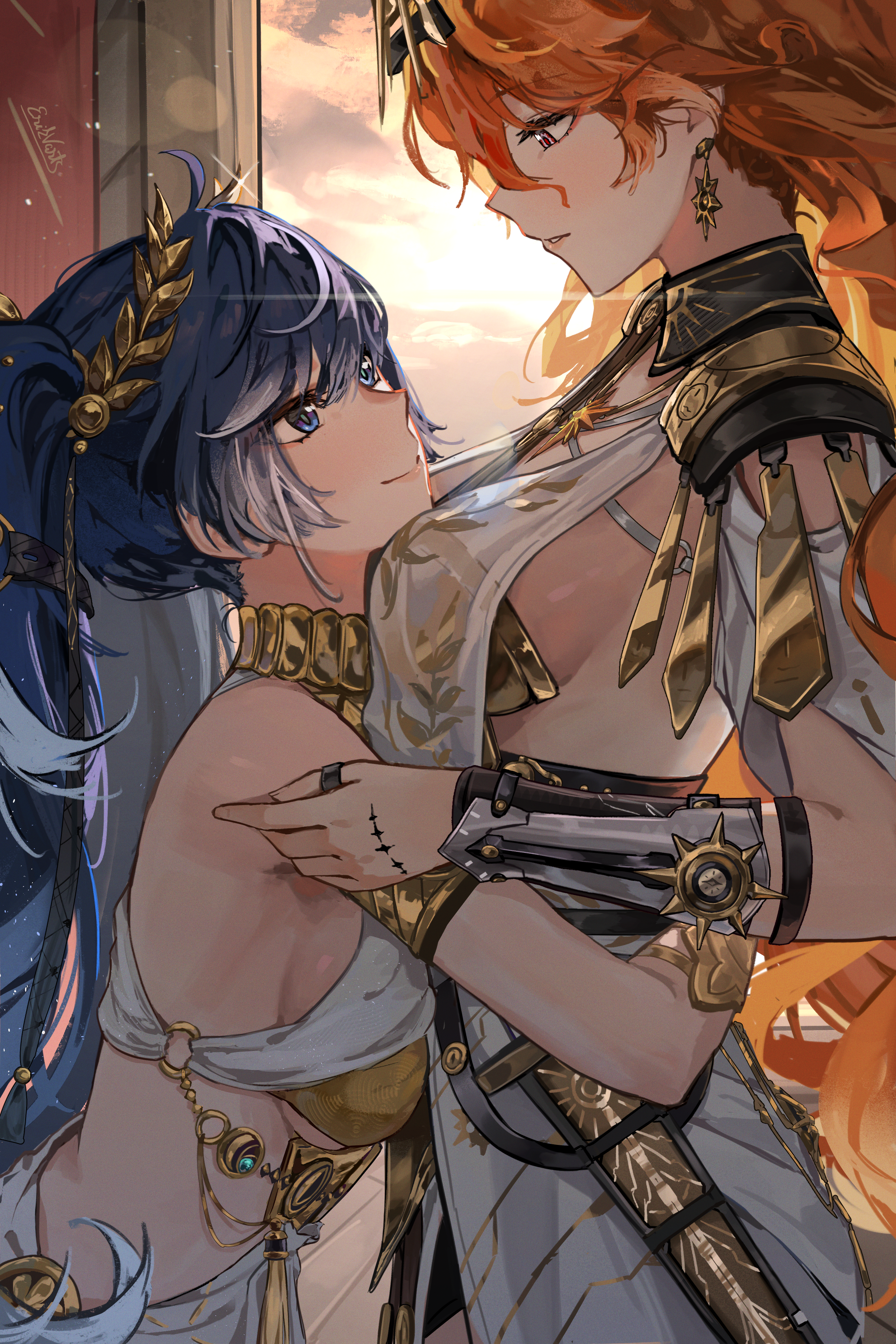 erikvarts, augusta (wuthering waves), iuno (wuthering waves), wuthering waves, absurdres, commentary, english commentary, highres, 2girls, ahoge, arm armor, armor, bare shoulders, black collar, blue eyes, blue hair, breastplate, breasts, closed mouth, collar, colored inner hair, dress, earrings, eye contact, from side, gold bra, gradient hair, head wreath, headgear, hug, jewelry, long hair, looking at another, medium breasts, multicolored hair, multiple girls, orange hair, parted lips, red eyes, sheath, smile, sun earrings, sun necklace, tacet mark (wuthering waves), white dress, yuri