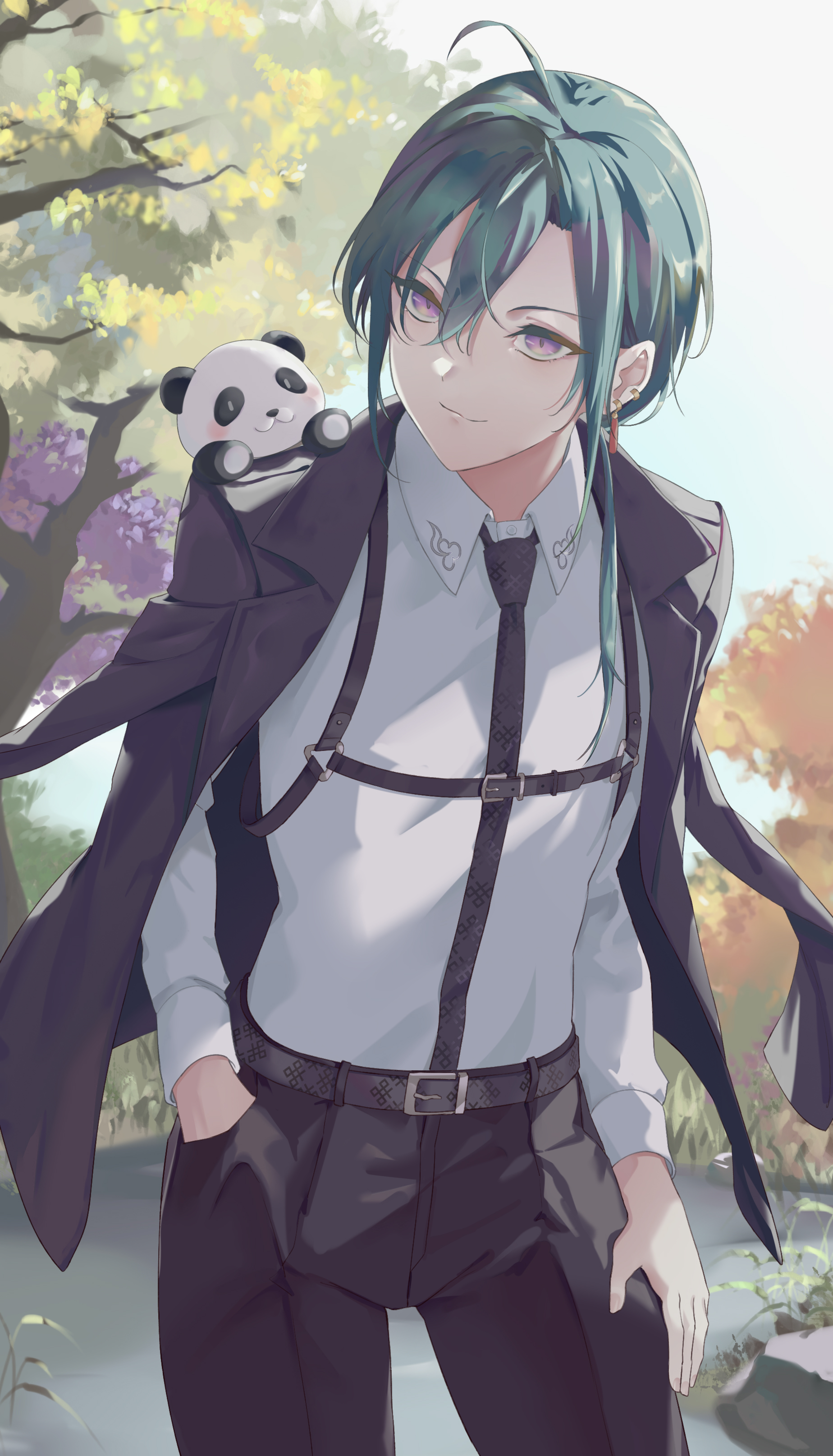 vii (joshuayuen), ryuushen, nijisanji, absurdres, commentary request, highres, 1other, animal, animal on shoulder, black necktie, black pants, collared shirt, hair between eyes, hand in pocket, hand on own thigh, long sleeves, necktie, other focus, outdoors, panda, pants, purple eyes, shirt, smile, solo, spring (season), tree, virtual youtuber