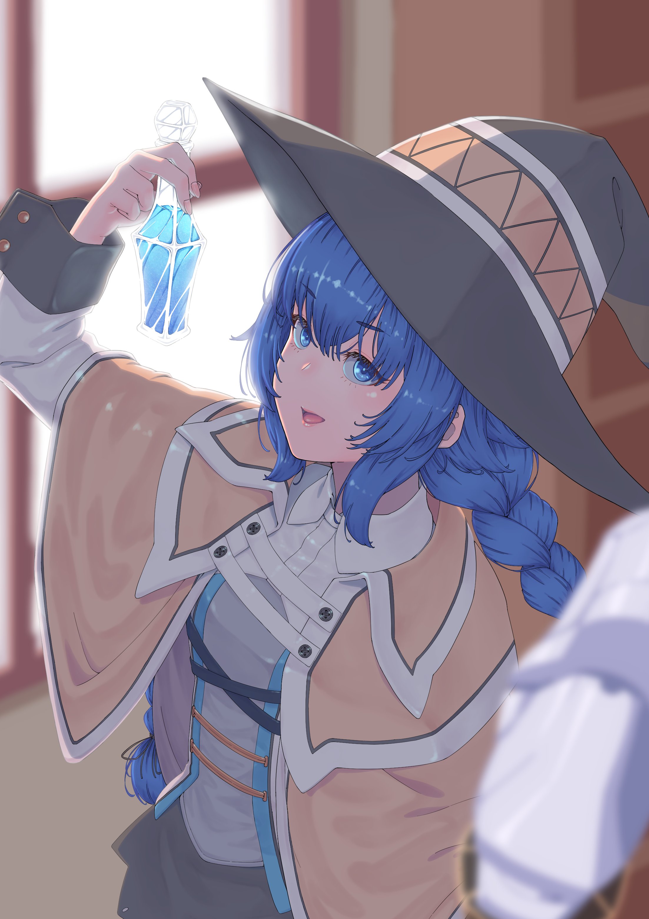 moga vdvk3434, roxy migurdia, mushoku tensei, absurdres, commentary, highres, 1girl, blue eyes, blue hair, braid, brown cape, cape, flask, hat, holding, holding flask, indoors, large hat, long braid, long hair, looking at viewer, open mouth, solo, twin braids, witch hat