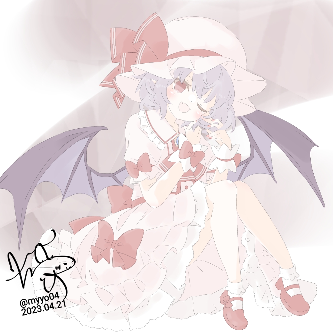 chame (myyo04), remilia scarlet, touhou, commentary request, 1girl, ascot, bat wings, brooch, collared shirt, dated, fang, frilled shirt collar, frills, hat, hat ribbon, jewelry, looking at viewer, mary janes, mob cap, open mouth, pink hat, pink shirt, pink skirt, puffy short sleeves, puffy sleeves, purple hair, red ascot, red eyes, red shoes, ribbon, shirt, shoes, short sleeves, signature, skin fang, skirt, sleeve bow, smile, socks, solo, twitter username, white socks, wings, wrist cuffs