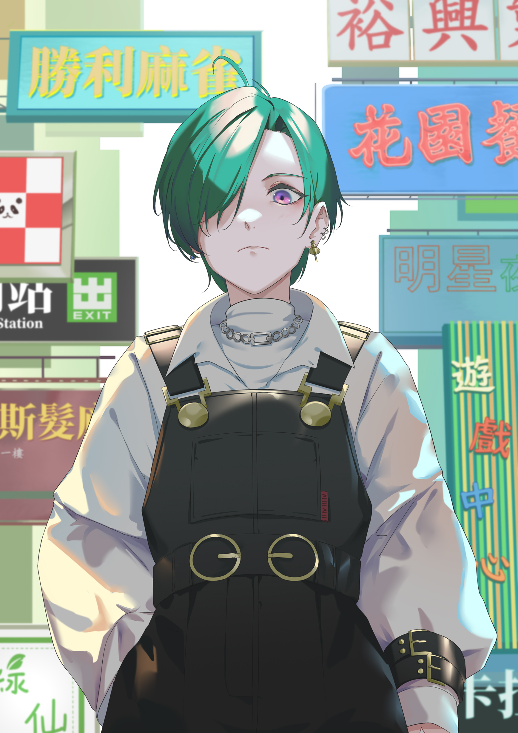 vii (joshuayuen), ryuushen, nijisanji, absurdres, commentary request, highres, translation request, 1other, black overalls, chain, chain necklace, closed mouth, earrings, hair over one eye, hand in pocket, jewelry, long sleeves, looking at viewer, necklace, other focus, overalls, puffy sleeves, purple eyes, shirt, short hair, solo, virtual youtuber, white shirt