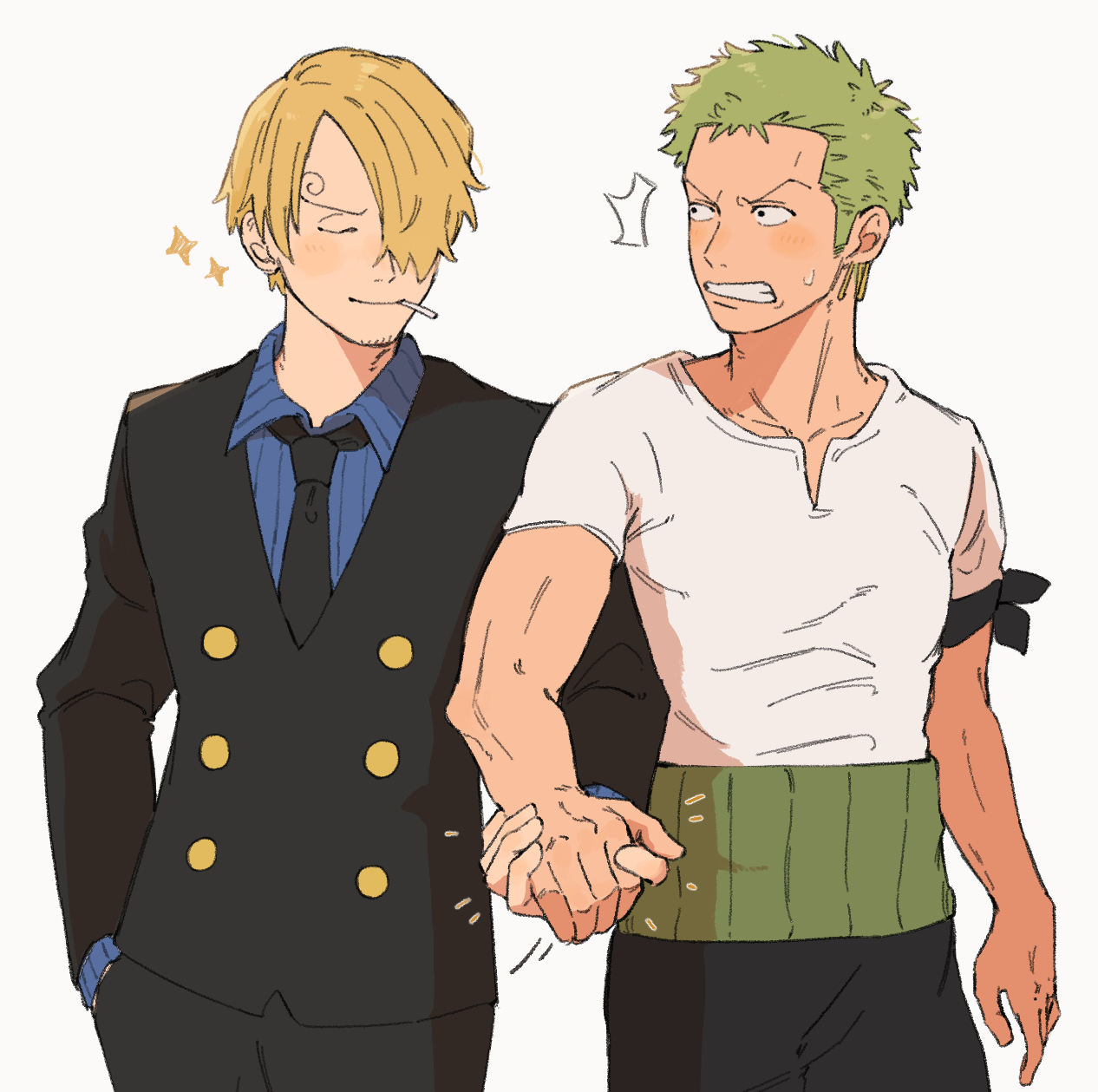 iqracha, roronoa zoro, sanji (one piece), one piece, highres, 2boys, black jacket, black necktie, black pants, blonde hair, cigarette, closed eyes, collarbone, collared shirt, cowboy shot, facial hair, goatee stubble, green hair, hair over one eye, hand in pocket, holding hands, jacket, long sleeves, looking at another, male focus, multiple boys, necktie, pants, shirt, short hair, simple background, smile, smoking, striped clothes, striped shirt, stubble, vertical-striped clothes, vertical-striped shirt, white shirt, yaoi