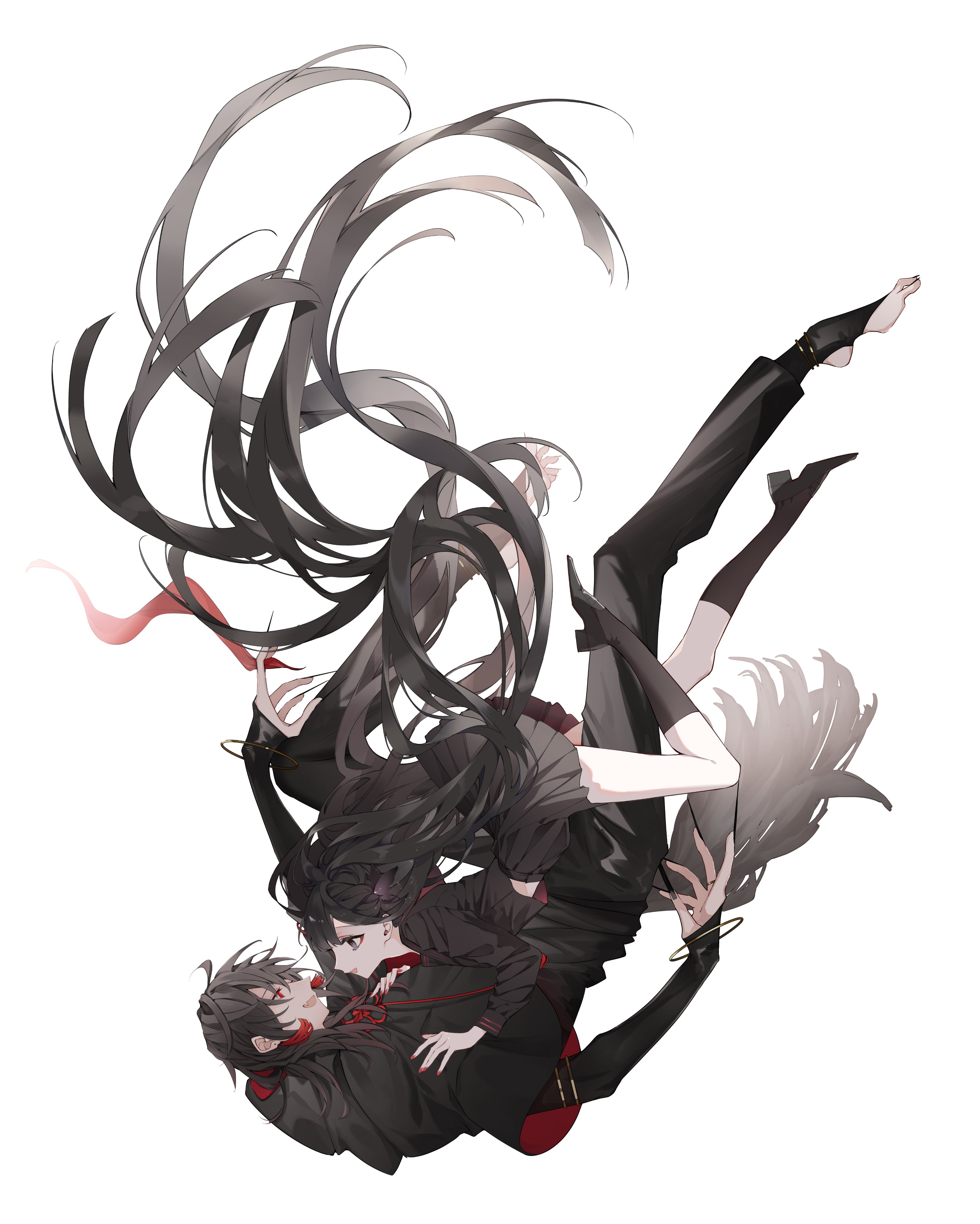 shiozaki shino, original, absurdres, highres, 1boy, 1girl, black capelet, black eyes, black hair, black pants, black sailor collar, black serafuku, black shirt, black shoes, black skirt, black socks, capelet, falling, floating hair, long hair, looking at another, open mouth, pants, pleated skirt, red eyes, red pupils, sailor collar, school uniform, serafuku, shirt, shoes, short hair, simple background, skirt, socks, very long hair, white background