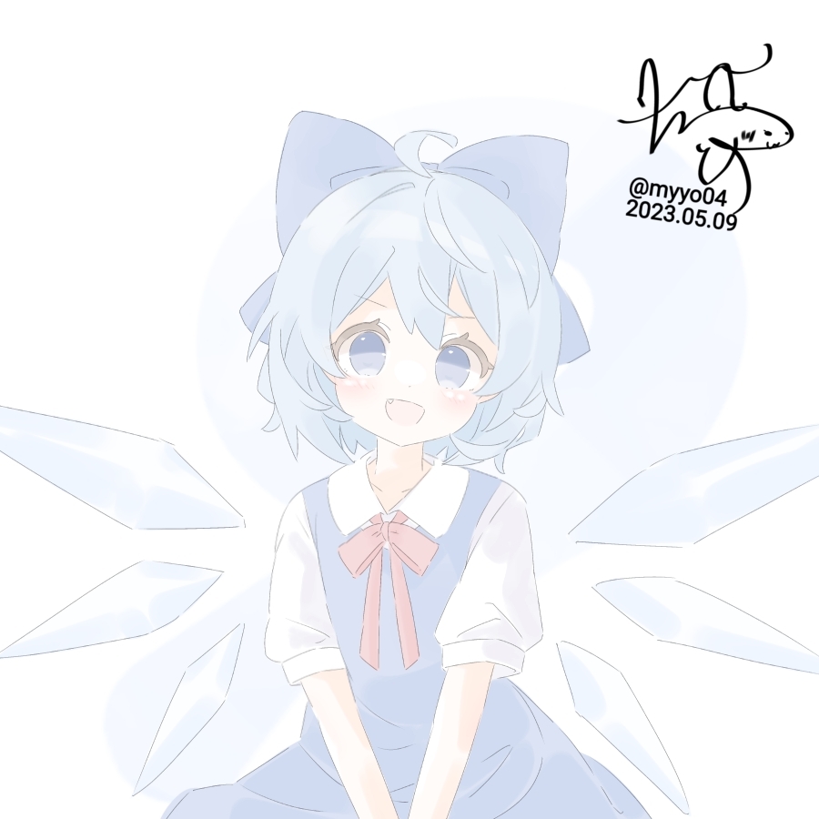 chame (myyo04), cirno, touhou, commentary request, 1girl, blue bow, blue dress, blue eyes, blue hair, blush, bow, bowtie, collared shirt, dated, detached wings, dress, fang, hair bow, ice, ice wings, looking at viewer, open mouth, pinafore dress, puffy short sleeves, puffy sleeves, red bow, red bowtie, shirt, short sleeves, signature, sleeveless, sleeveless dress, smile, solo, twitter username, wings