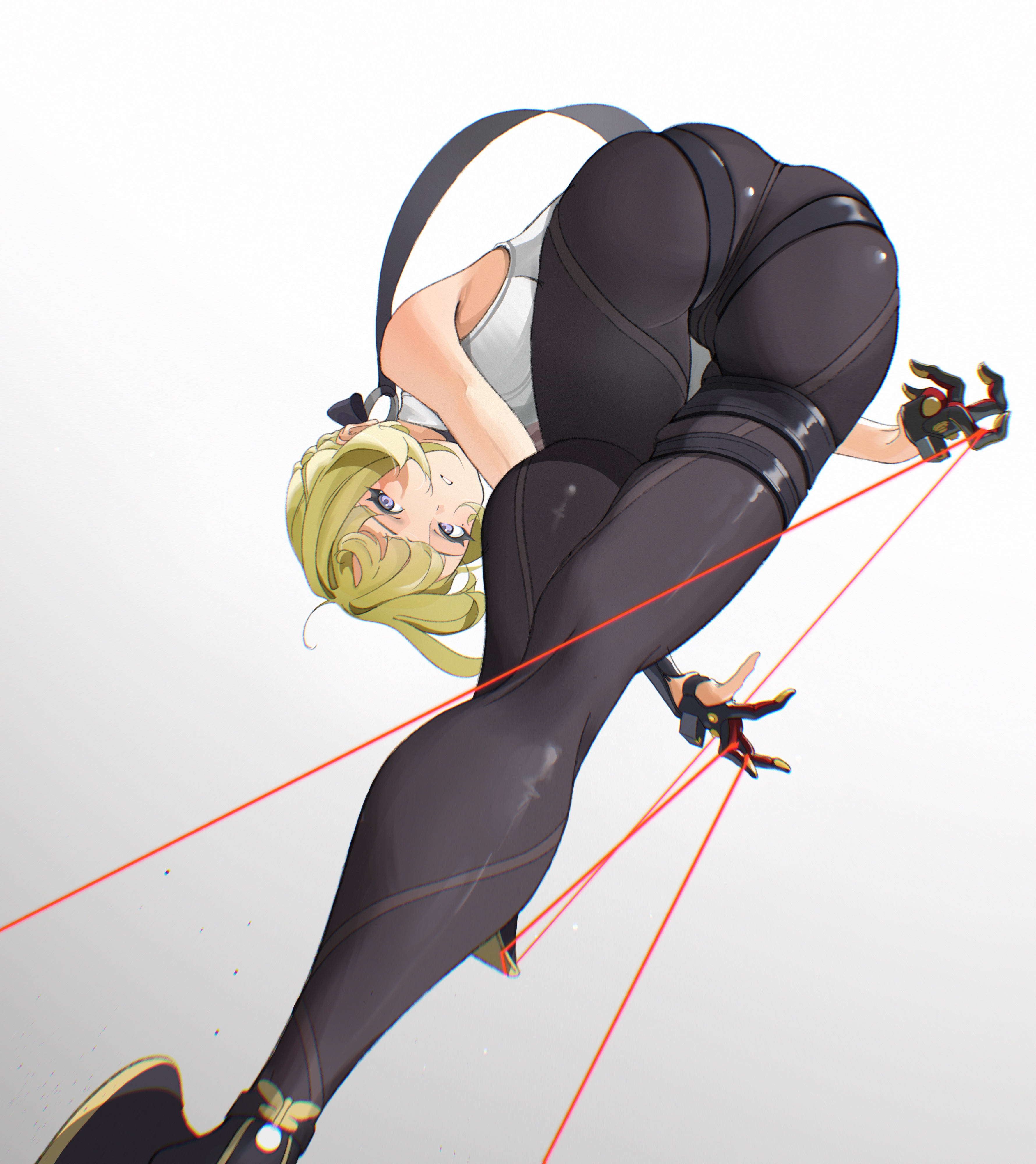 lq9140, evelyn chevalier, zenless zone zero, absurdres, highres, 1girl, ass, bare shoulders, black gloves, black pants, blonde hair, breasts, from below, gloves, high-waist pants, high heels, latex pants, long ribbon, looking at viewer, looking down, mole, mole under eye, pants, parted lips, partially fingerless gloves, purple eyes, red ribbon, ribbon, ring hair ornament, shirt, short hair, simple background, solo, standing, stiletto heels, tight clothes, tight pants, uneven bangs, white background, white shirt