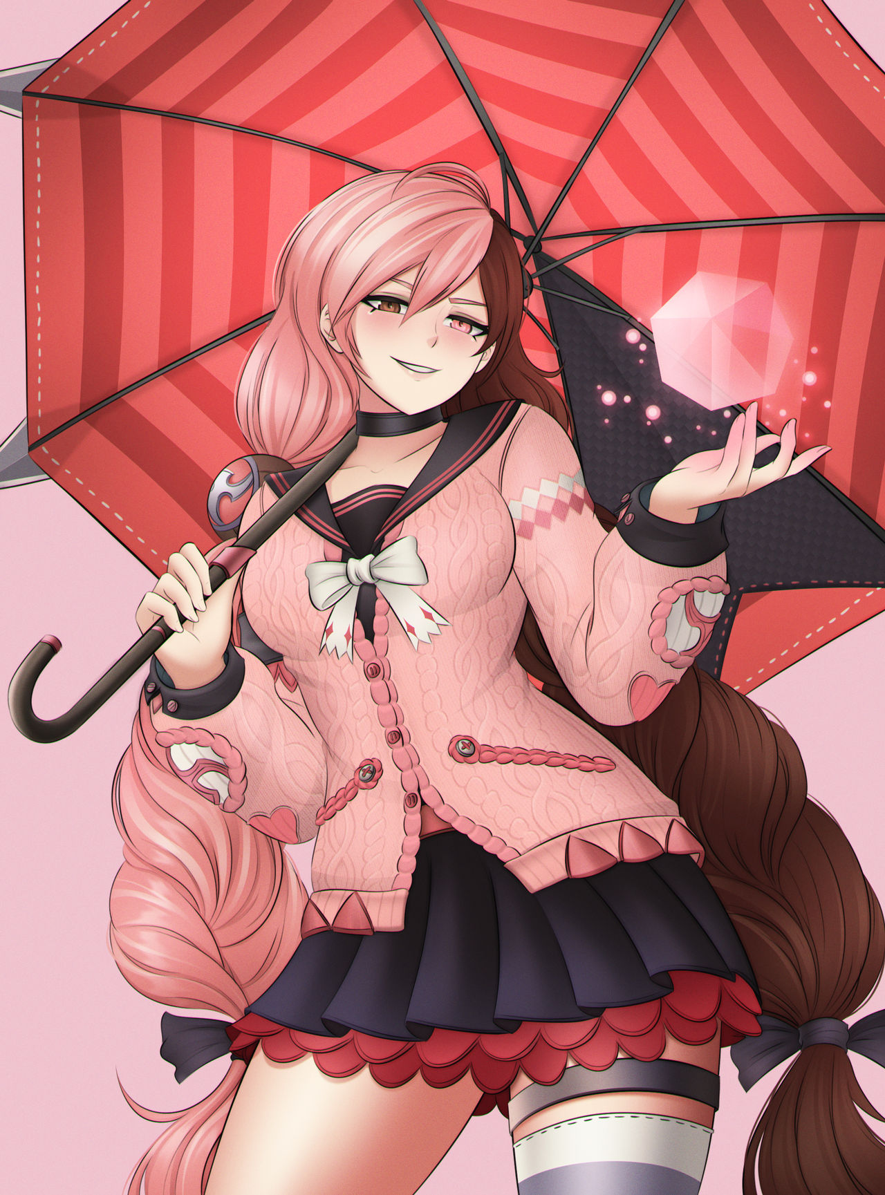 alavastircloud, neopolitan (rwby), ukinami yuzuha, rwby, zenless zone zero, commentary, english commentary, highres, 1girl, alternate hairstyle, black choker, black ribbon, black sailor collar, black skirt, blush, bow, breasts, brown eyes, brown hair, cable knit, choker, cosplay, cowboy shot, eyelashes, hair ribbon, heterochromia, holding, holding umbrella, jacket, long hair, long sleeves, multicolored hair, parasol, pink eyes, pink hair, pink jacket, ribbon, sailor collar, single thighhigh, skirt, smile, smug, solo, split-color hair, thigh strap, thighhighs, twintails, two-tone hair, ukinami yuzuha (cosplay), umbrella, very long hair, white bow