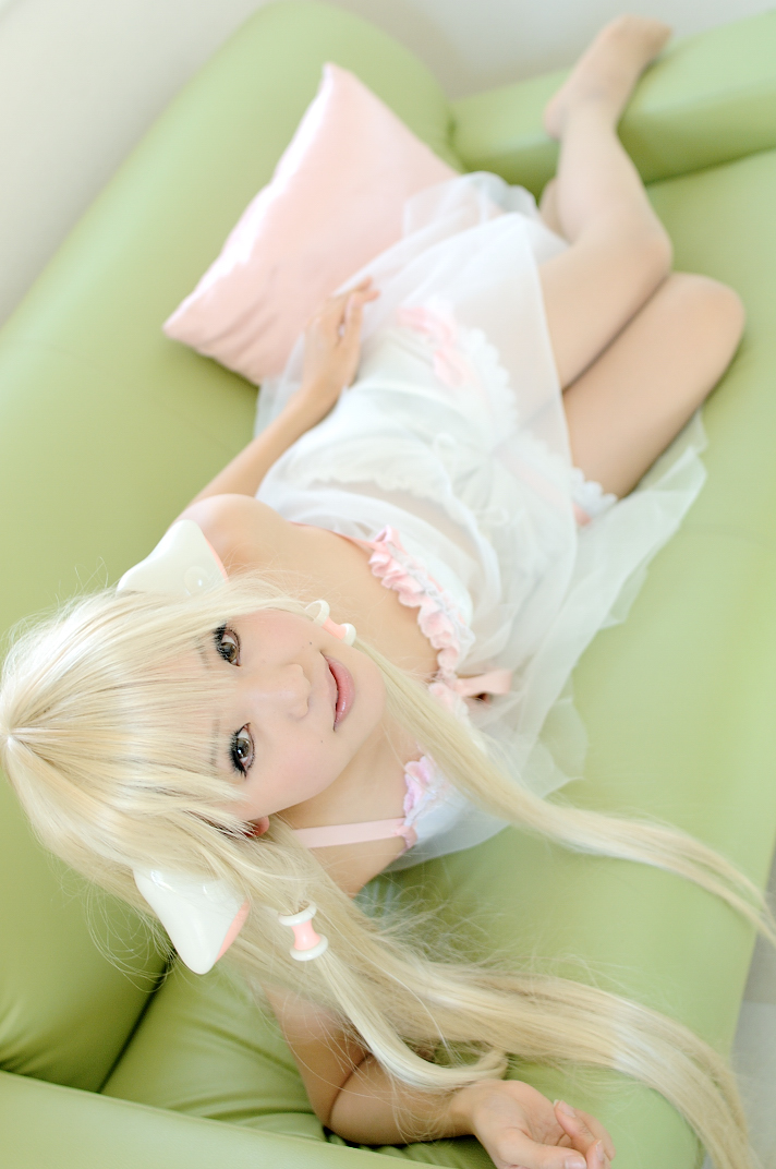 kipi-san, chii, chobits, photo (medium), 1girl, asian, babydoll, blonde hair, bloomers, bra, chii (cosplay), cosplay, female focus, lingerie, looking at viewer, pantyhose, persocom, solo, underwear