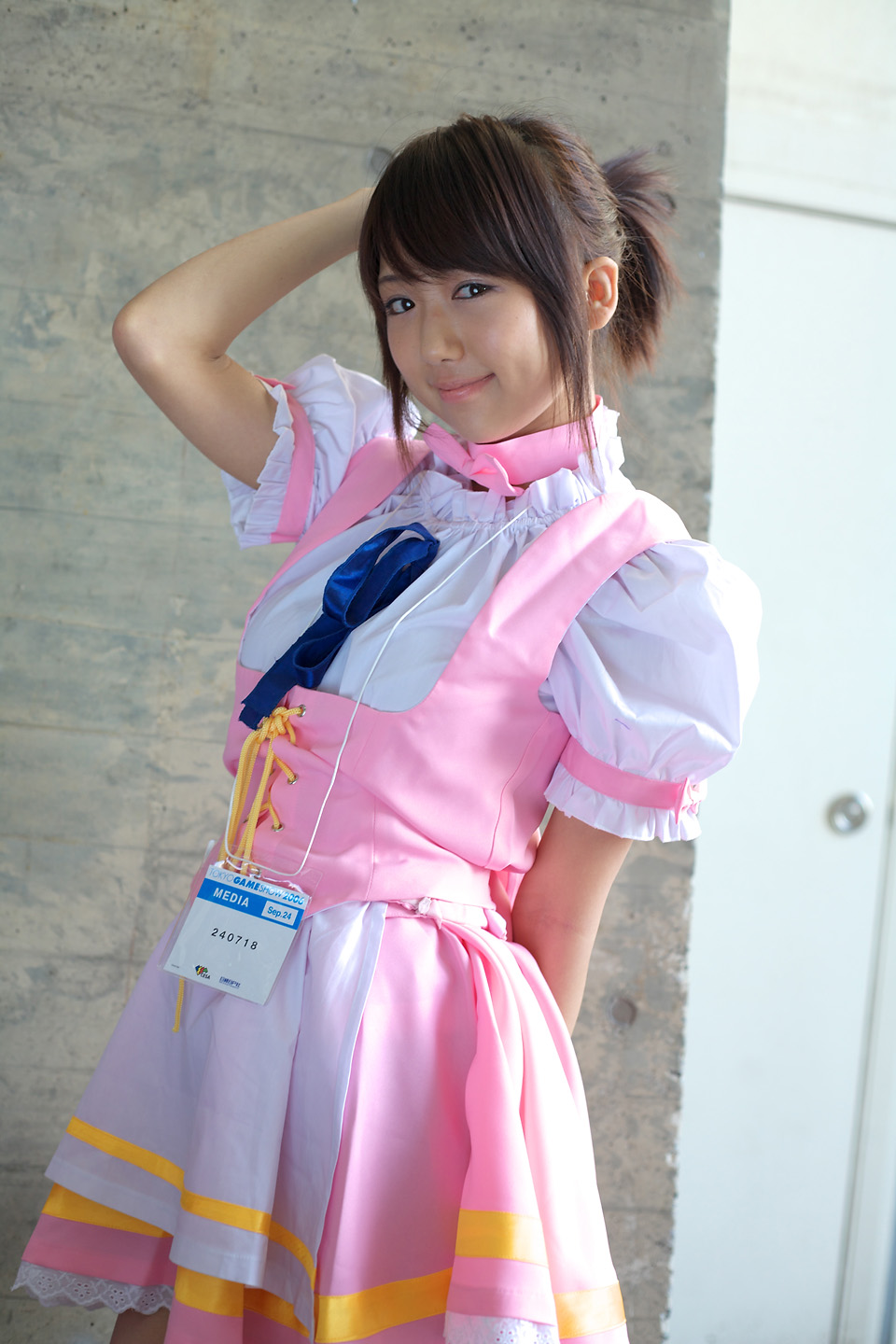 amano ai (model), character request, highres, photo (medium), source request, bow, bowtie, cosplay, school uniform, serafuku, thighhighs