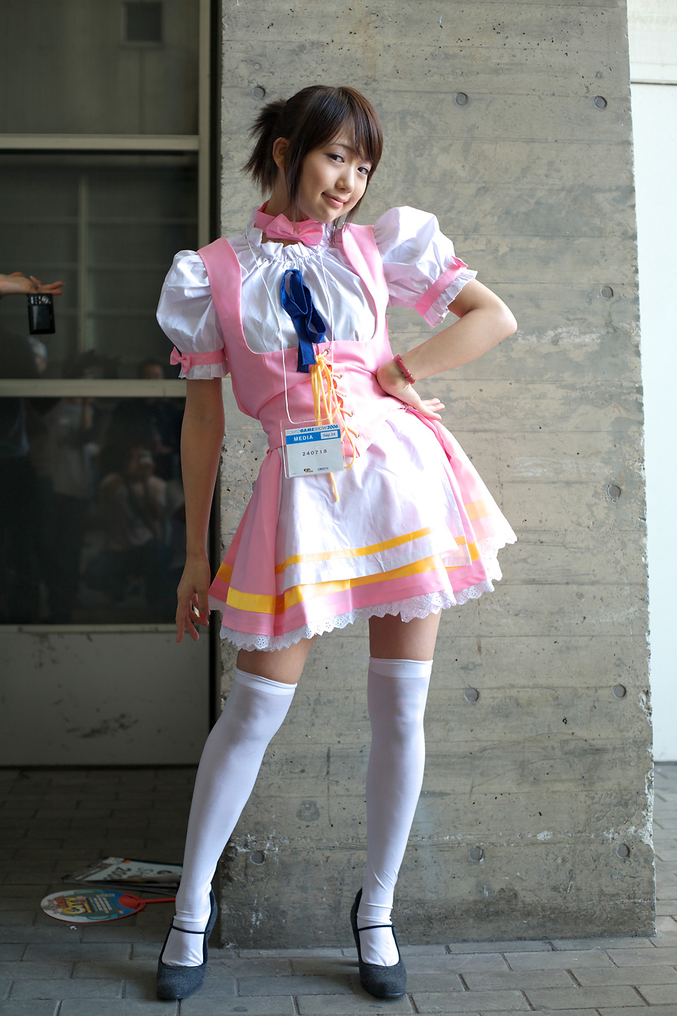 amano ai (model), character request, highres, photo (medium), source request, bow, bowtie, cosplay, school uniform, serafuku, thighhighs