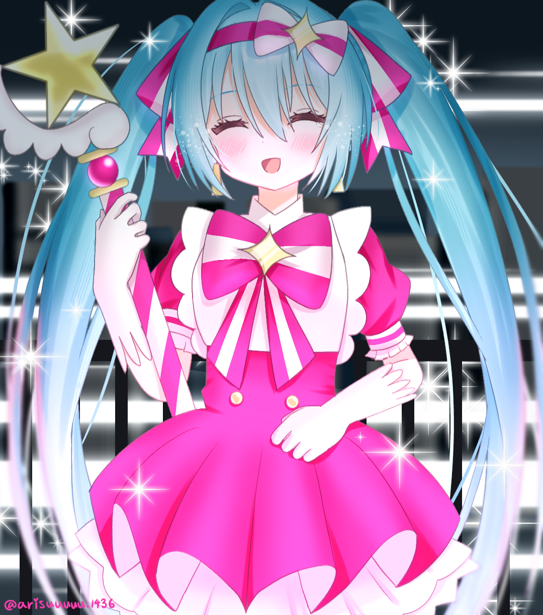 arisuuuuu.1436, hatsune miku, vocaloid, highres, 1girl, blue hair, dress, hairband, ima sugu rinne (vocaloid), magical girl, night, night sky, rooftop, sky, smile, tearing up, twintails