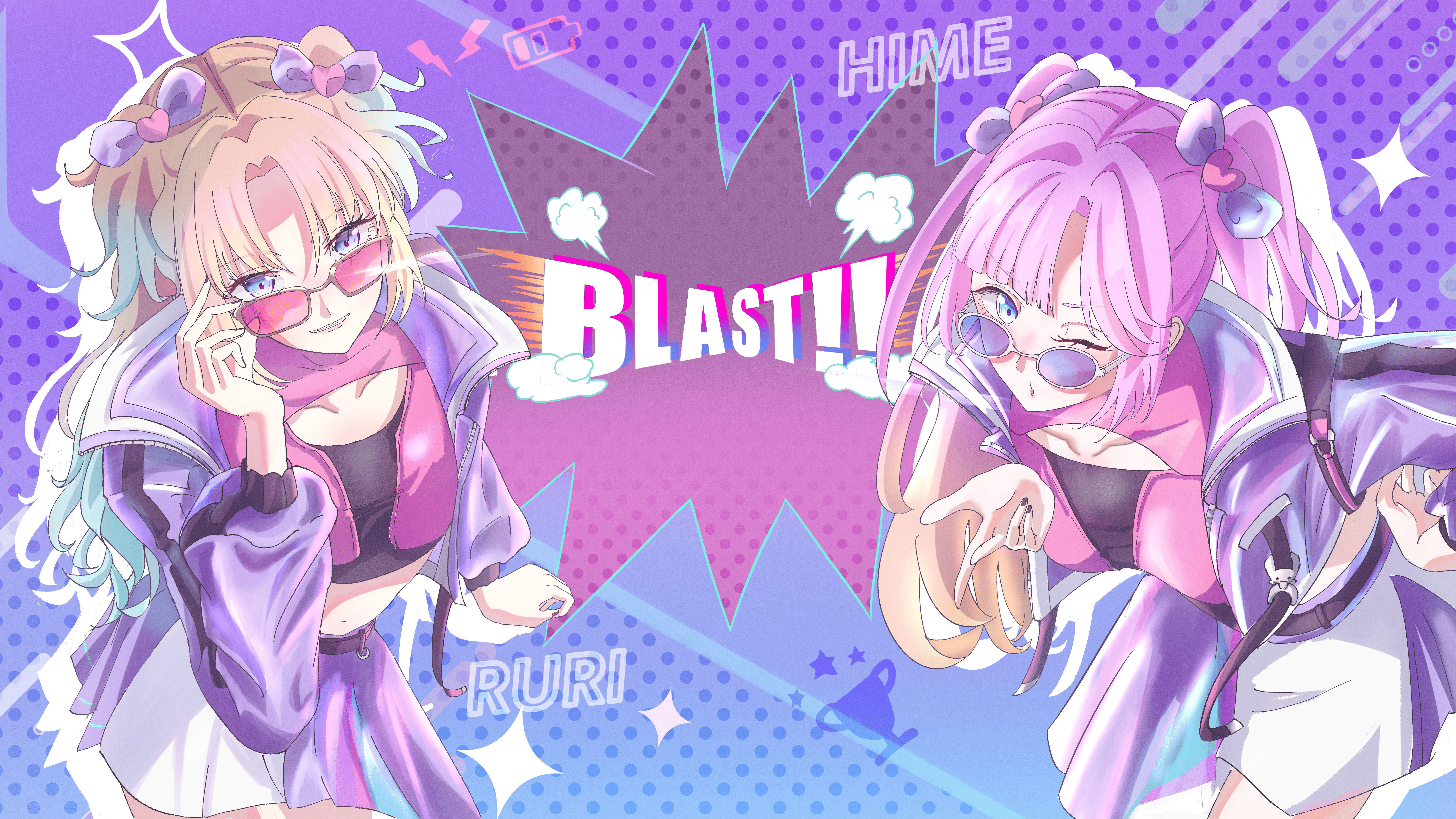 caricariume, anyoji hime, osawa rurino, link! like! love live!, love live!, absurdres, commentary request, highres, 2girls, above-cleavage cutout, adjusting eyewear, blast!! (love live!), blonde hair, blowing kiss, blue background, blue eyes, blue hair, bow, brown-framed eyewear, character name, clothing cutout, collarbone, collared jacket, cowboy shot, cropped jacket, curtained hair, drop shadow, glasses, gradient background, gradient hair, grin, hair bow, hair ornament, heart, heart hair ornament, jacket, long sleeves, looking at viewer, looking over eyewear, midriff, miniskirt, mira-cra park!, multicolored hair, multiple girls, navel, official alternate costume, open clothes, open jacket, parted bangs, parted hair, pink-tinted eyewear, pink hair, pink shirt, polka dot, polka dot background, puffy long sleeves, puffy sleeves, purple-tinted eyewear, purple background, purple bow, purple jacket, purple skirt, shirt, sidelocks, skirt, smile, social media composition, song name, sparkle, tinted eyewear, twintails, virtual youtuber, white-framed eyewear