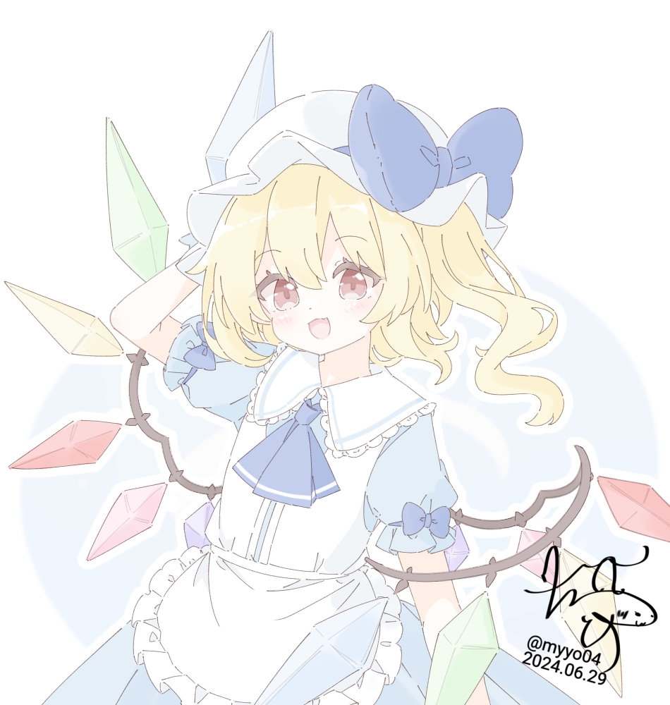 chame (myyo04), flandre scarlet, touhou, commentary request, 1girl, alternate costume, apron, ascot, blonde hair, blue ascot, blue bow, blue dress, blush, bow, crystal, crystal wings, dated, dress, hat, hat bow, looking at viewer, mob cap, multicolored wings, one side up, open mouth, puffy short sleeves, puffy sleeves, red eyes, short sleeves, signature, sleeve bow, smile, solo, twitter username, waist apron, white apron, white hat, wings