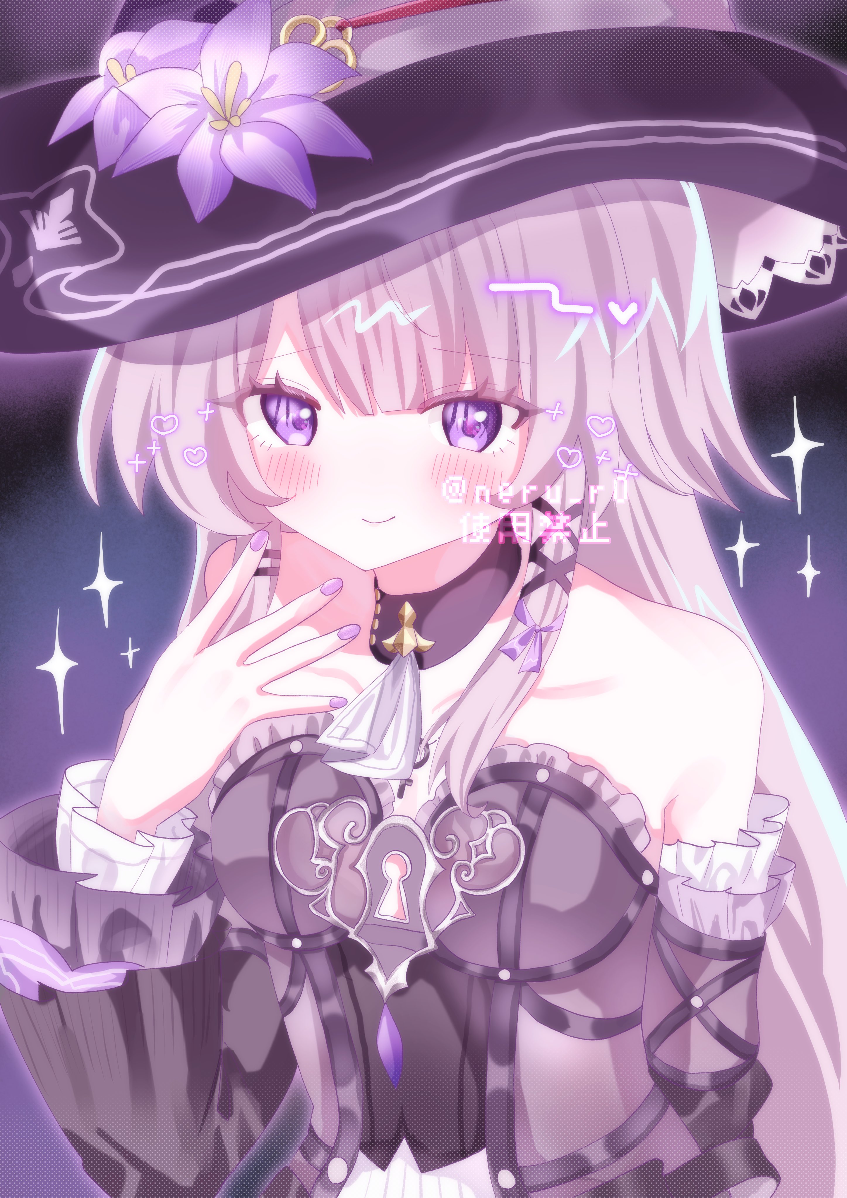 ne ru ri, herta (honkai: star rail), the herta (honkai: star rail), honkai: star rail, honkai (series), absurdres, commentary, hashtag-only commentary, highres, 1girl, ascot, bare shoulders, black hat, black sleeves, blush, breasts, closed mouth, collarbone, detached sleeves, fingernails, flower, grey hair, hand up, hat, hat flower, long hair, looking at viewer, medium breasts, nail polish, purple eyes, purple flower, purple nails, sleeveless, smile, solo, upper body, very long hair, white ascot