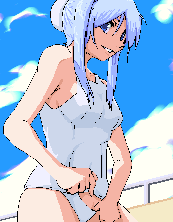 lowres, 1girl, blue eyes, blue hair, cloud, female focus, matching hair/eyes, oekaki, one-piece swimsuit, outdoors, school swimsuit, school swimsuit flap, sidelocks, sky, solo, swimsuit
