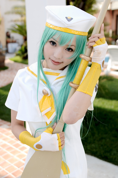 kipi-san, alice carroll, undine, aria (manga), photo (medium), 1girl, alice carroll (cosplay), asian, blue eyes, color contacts, cosplay, female focus, fingerless gloves, gloves, green hair, hat, long hair, looking at viewer, mole, oar, sailor collar, solo
