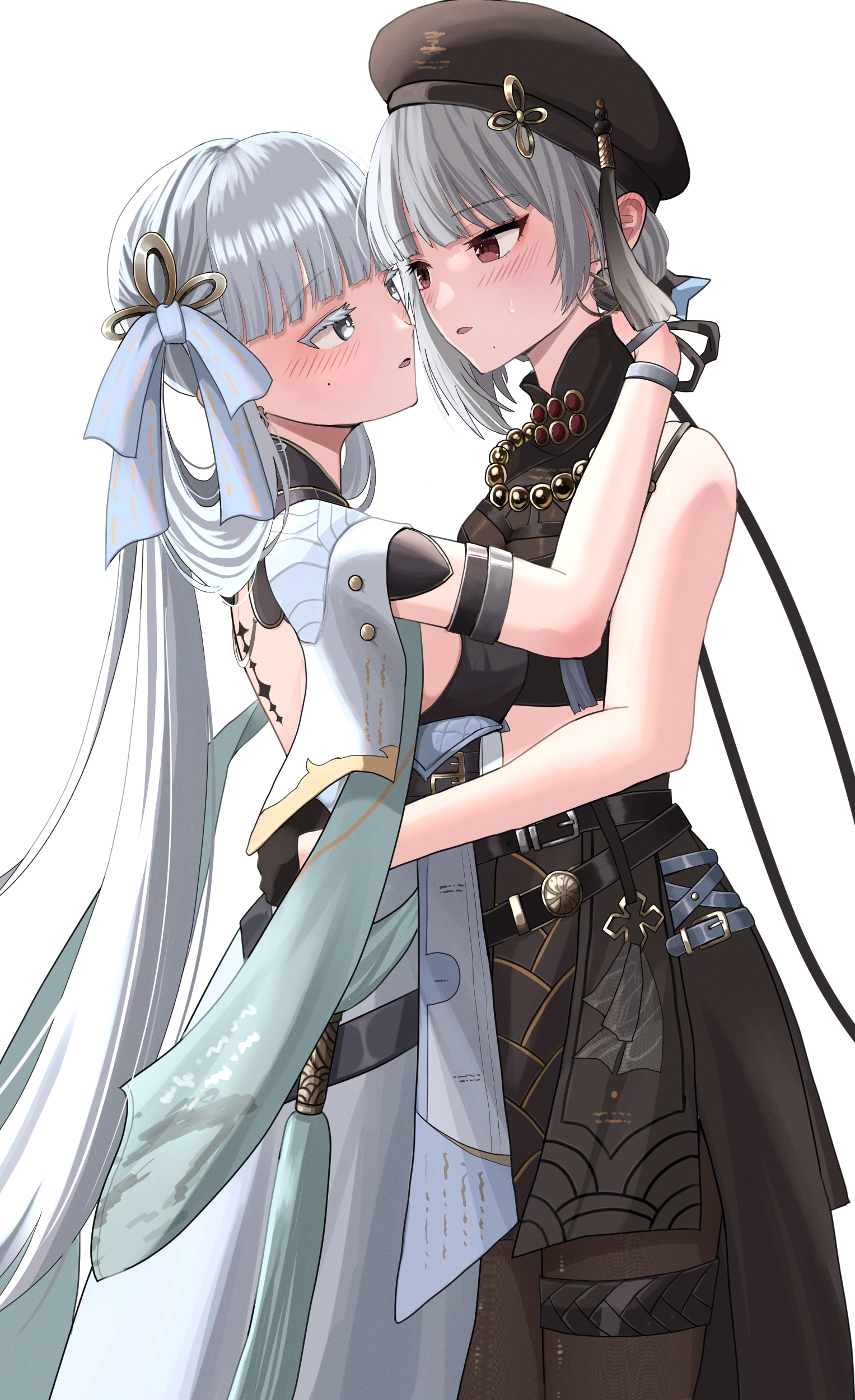 dinotodon, jinhsi (wuthering waves), sanhua (wuthering waves), wuthering waves, absurdres, commentary, highres, 2girls, bare shoulders, bead necklace, beads, beret, black collar, black gloves, black hat, black pantyhose, black ribbon, black shirt, black skirt, blush, bow, bright pupils, coat, collar, colored eyelashes, crop top, earrings, eye contact, gloves, grey hair, hair bow, hair ribbon, hair rings, hat, high-low skirt, hoop earrings, imminent kiss, jewelry, long hair, long ribbon, looking at another, mole, mole on cheek, multiple girls, necklace, pantyhose, red eyes, ribbon, shirt, short hair, skirt, sleeveless, sleeveless shirt, tacet mark (wuthering waves), thigh strap, very long hair, white bow, white coat, white eyelashes, white eyes, white hair, white pupils, yuri
