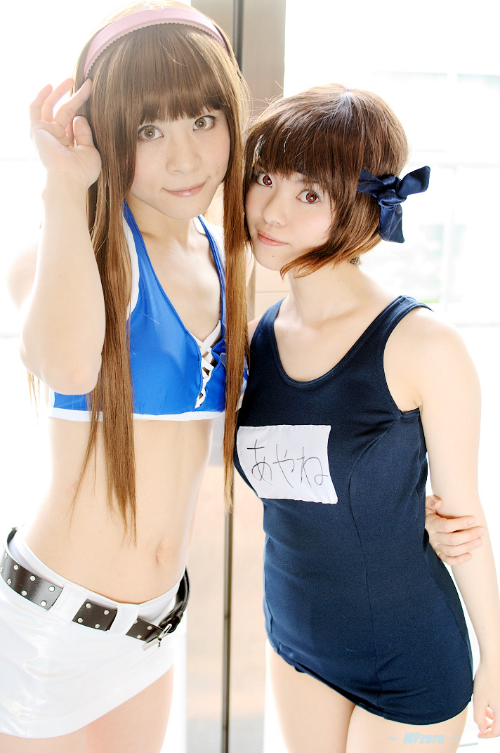 ayane (doa), dead or alive, actress request, character request, photo (medium), 2girls, arms behind back, asian, ayane (doa) (cosplay), belt, brown eyes, brown hair, color contacts, cosplay, hairband, headband, long hair, midriff, miniskirt, multiple girls, name tag, school swimsuit, short hair, skirt, small breasts