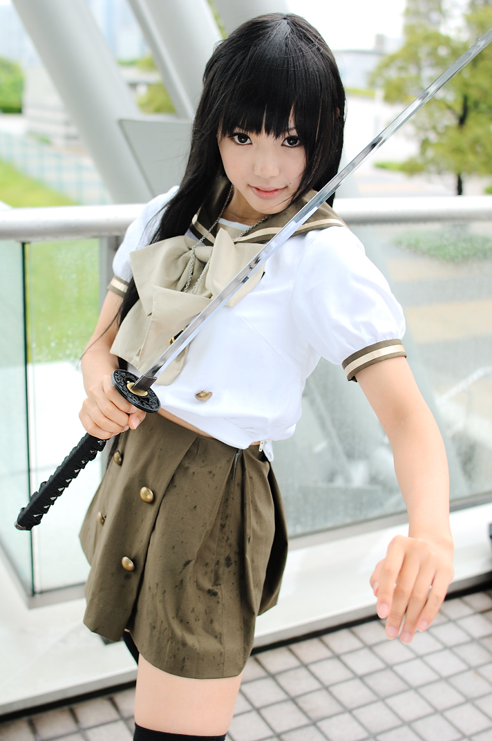 kipi-san, alastor (shakugan no shana), shana, real life, shakugan no shana, cosplay photo, photo (medium), 1girl, asian, black hair, blood, breasts, cosplay, female focus, jewelry, katana, long hair, looking at viewer, mole, outdoors, pendant, red hair, school uniform, serafuku, shana (cosplay), small breasts, solo, sword, thighhighs, weapon, zettai ryouiki