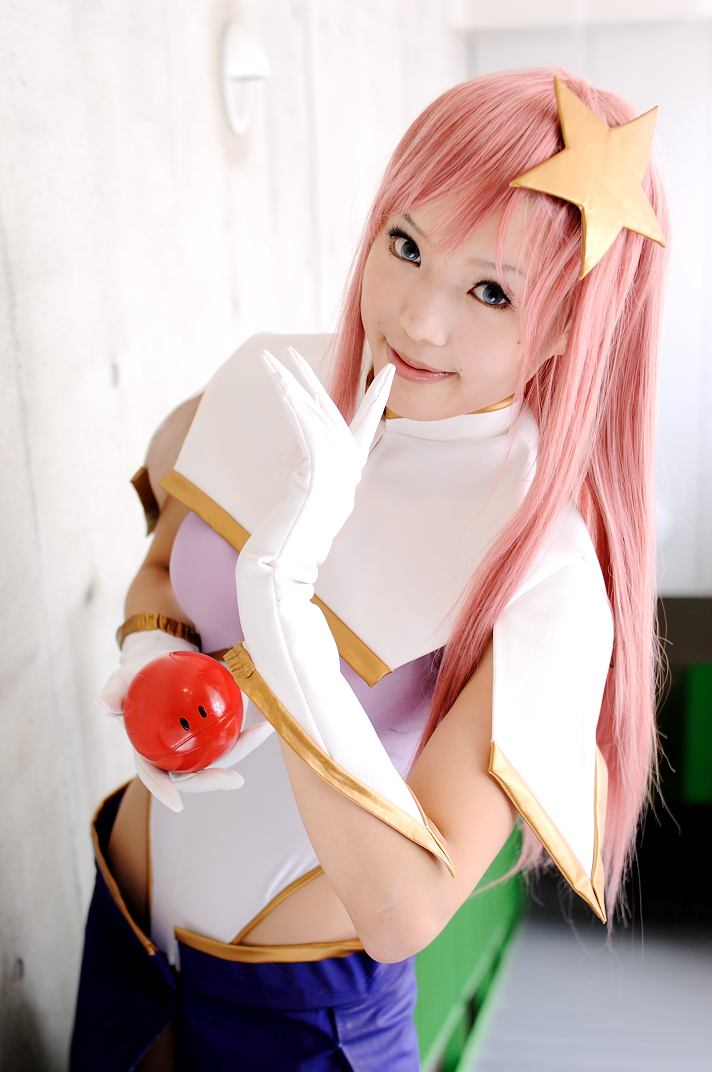 kipi-san, haro, meer campbell, gundam, gundam seed, gundam seed destiny, photo (medium), 1girl, asian, blue eyes, color contacts, cosplay, female focus, gloves, indoors, long hair, looking at viewer, meer campbell (cosplay), mole, pink hair, solo, white gloves