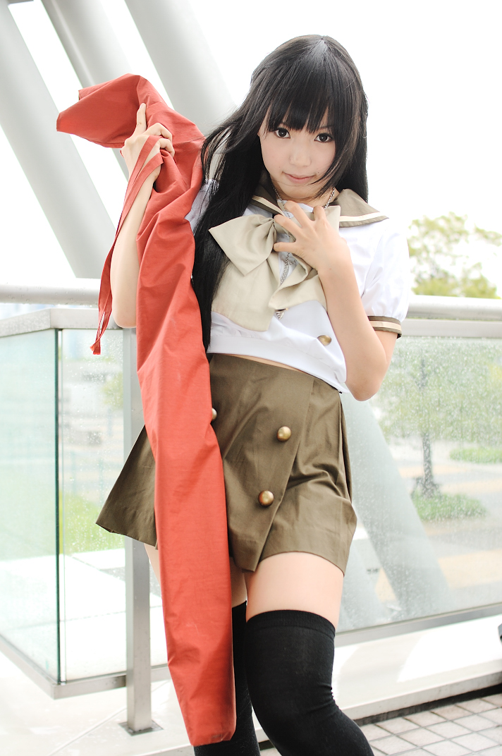 kipi-san, shana, real life, shakugan no shana, cosplay photo, photo (medium), 1girl, asian, black hair, breasts, cosplay, female focus, jewelry, katana, long hair, looking at viewer, mole, outdoors, pendant, red hair, school uniform, serafuku, shana (cosplay), sheath, sheathed, small breasts, solo, sword, thighhighs, weapon, zettai ryouiki