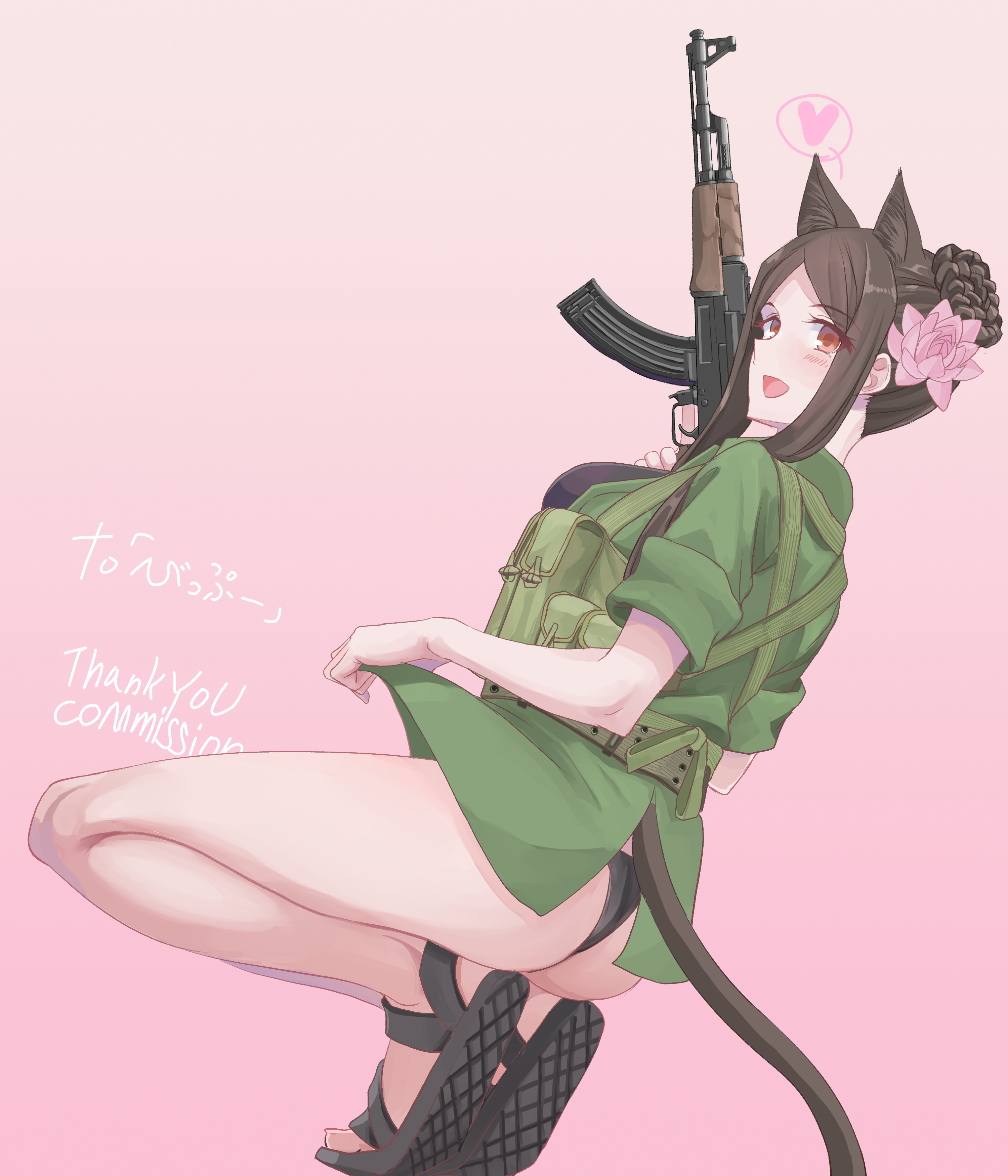 nguyen tam lee, pham thi ran, muv-luv, muv-luv alternative, schwarzesmarken, ak-47, ammunition pouch, animal ears, assault rifle, bare legs, belt, black bra, black panties, blush, bra, brown hair, cat ears, cat girl, cat tail, flip-flops, green jacket, gun, heart, holding, holding gun, holding weapon, jacket, kalashnikov rifle, lifting own clothes, load bearing equipment, military combat uniform, military uniform, panties, pink background, pouch, rifle, sandals, sidelocks, spoken heart, squatting, tail, thighs, trigger discipline, underwear, weapon