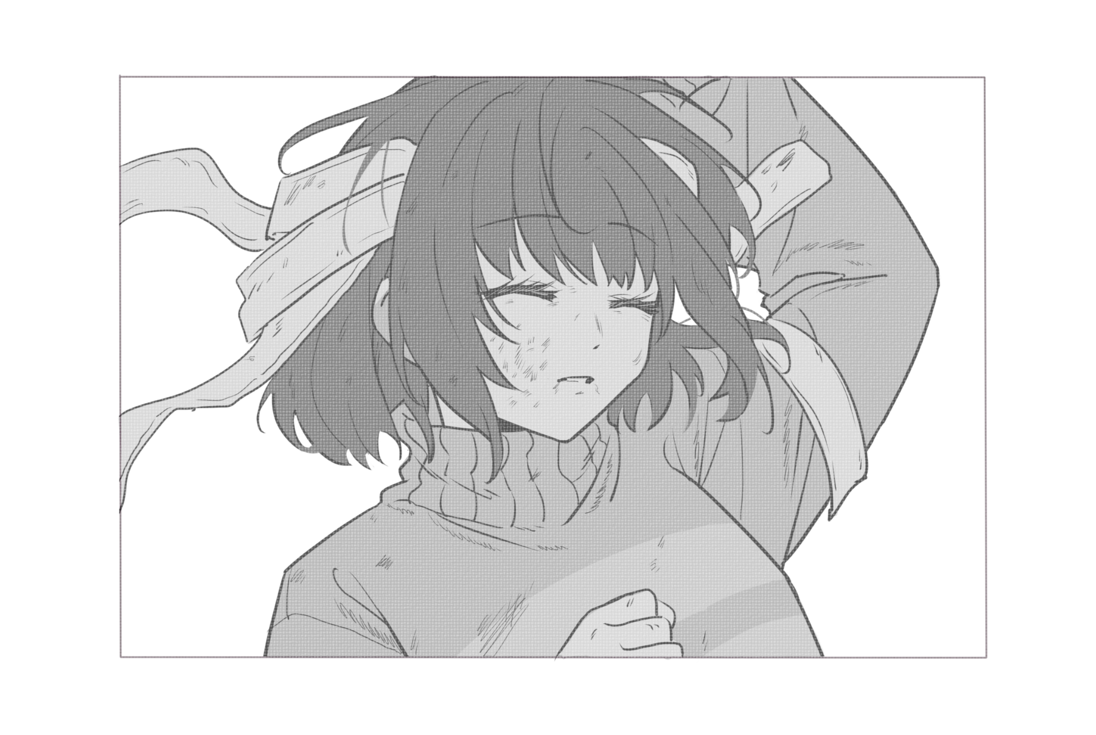hanbaobaobaozhu, frisk (undertale), undertale, utdr (toby fox), chinese commentary, commentary request, highres, 1girl, ^ ^, arm up, bandaged head, bandages, bob cut, border, breasts, bruise, bruise on face, clenched hand, closed eyes, facing ahead, genderswap, genderswap (otf), greyscale, halftone, hand up, injury, long sleeves, monochrome, parted lips, puffy long sleeves, puffy sleeves, short hair, simple background, small breasts, solo, striped clothes, striped sweater, sweater, turtleneck, turtleneck sweater, two-tone sweater, white background, white border