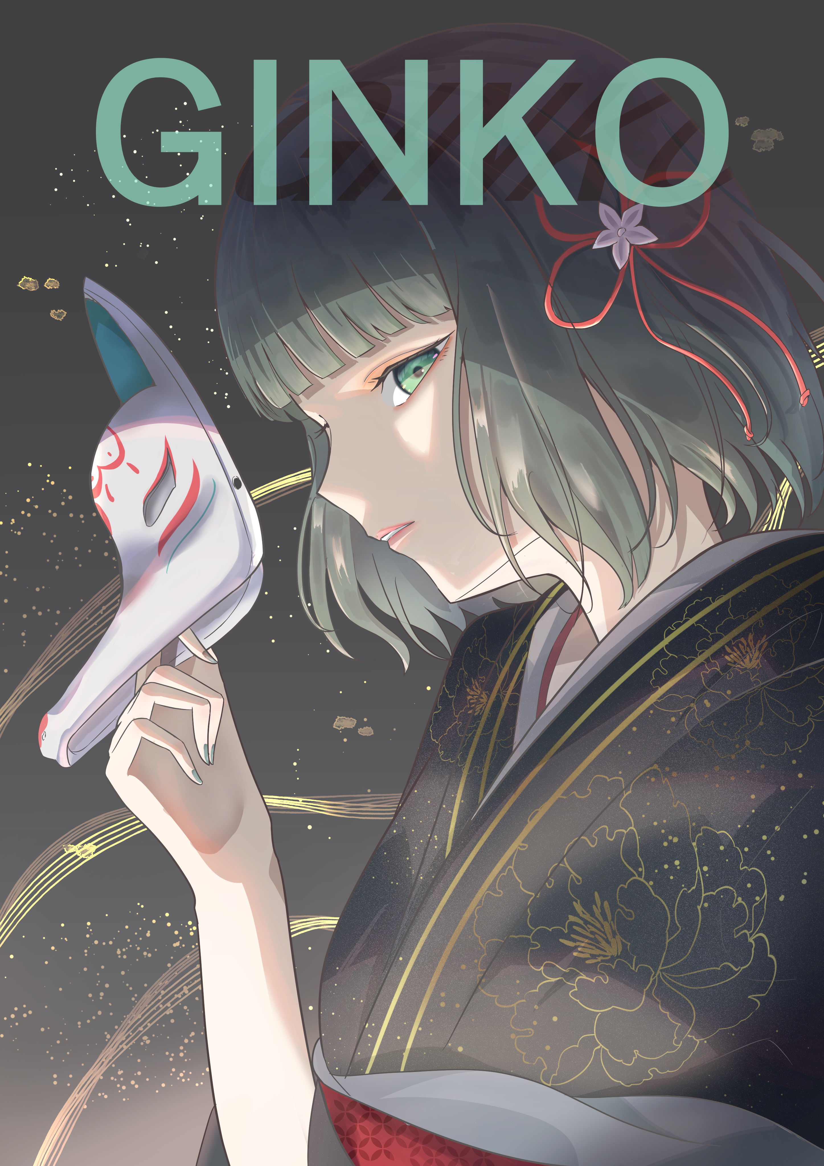 caricariume, momose ginko, link! like! love live!, love live!, absurdres, commentary request, highres, 1girl, alternate costume, black background, black hair, black kimono, blunt bangs, bob cut, character name, floral print, floral print kimono, flower, flower knot, fox mask, green eyes, hair flower, hair ornament, holding, holding mask, japanese clothes, kimono, light particles, lips, mask, obi, obiage, parted lips, print kimono, red sash, sash, short hair, simple background, solo, upper body, virtual youtuber, white flower