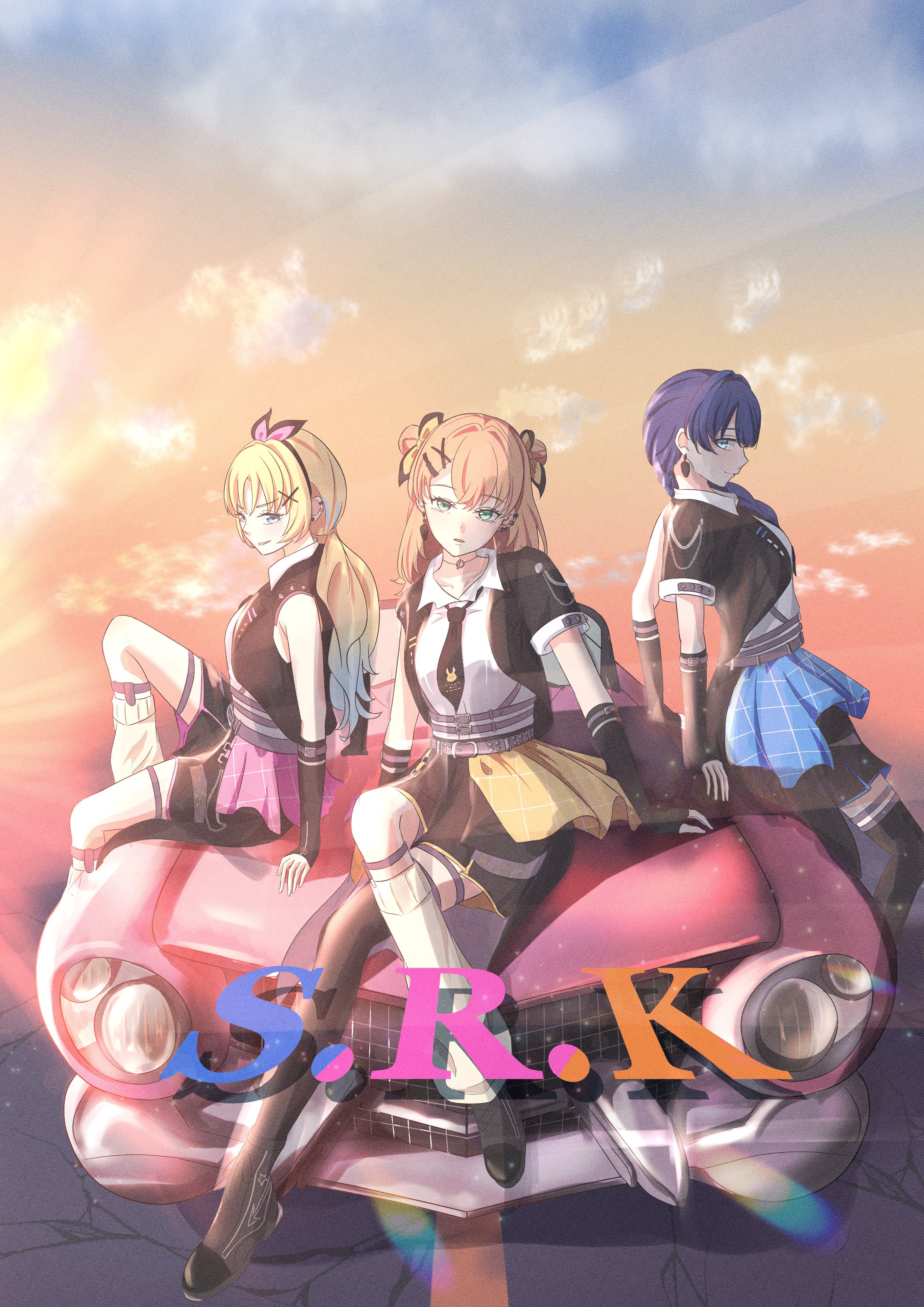 caricariume, hinoshita kaho, murano sayaka, osawa rurino, link! like! love live!, love live!, absurdres, commentary request, highres, 3girls, arm support, armpit crease, asymmetrical legwear, black boots, black jacket, black skirt, black thighhighs, blue eyes, boots, braid, breasts, car, collarbone, collared shirt, double bun, dress shirt, full body, gradient sky, hair bun, hair ornament, hand on car, hasu no sanrenka, i do me! (love live!), jacket, knee up, lace-up boots, leaning against vehicle, leg warmers, legwear garter, long hair, medium breasts, medium hair, miniskirt, mismatched legwear, motor vehicle, multiple girls, official alternate costume, on car, open clothes, open jacket, orange hair, orange sky, parted lips, pleated skirt, profile, purple hair, shirt, short-sleeved jacket, short sleeves, side braid, single braid, single leg warmer, single sleeve, sitting, skirt, sky, thighhighs, virtual youtuber, white leg warmers, white shirt, x hair ornament
