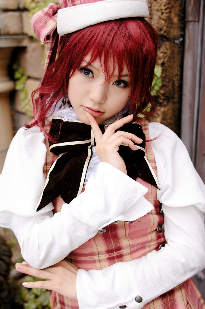 kipi-san, esther blanchett, trinity blood, photo (medium), tagme, 1girl, asian, cosplay, dress, esther blanchett (cosplay), female focus, hat, long dress, mole, outdoors, puffy sleeves, red hair, solo