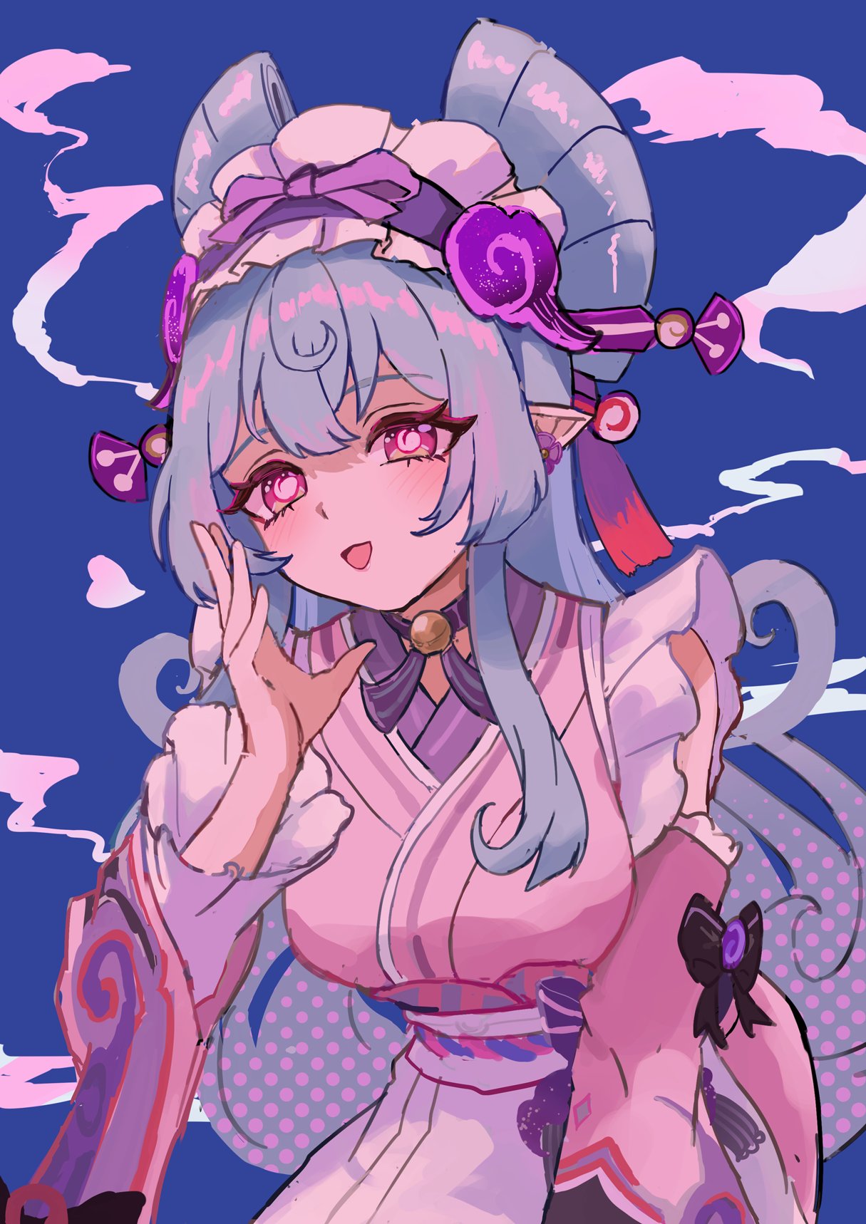 ryoha kosako, yumemizuki mizuki, genshin impact, highres, 1girl, bell, black bow, blue background, blue hair, blush, bow, breasts, cowboy shot, detached sleeves, double-parted bangs, frilled sleeves, frills, hand to own mouth, heart, japanese clothes, kimono, long hair, maid headdress, medium breasts, neck bell, open mouth, pink eyes, pink kimono, sidelocks, solo, steam
