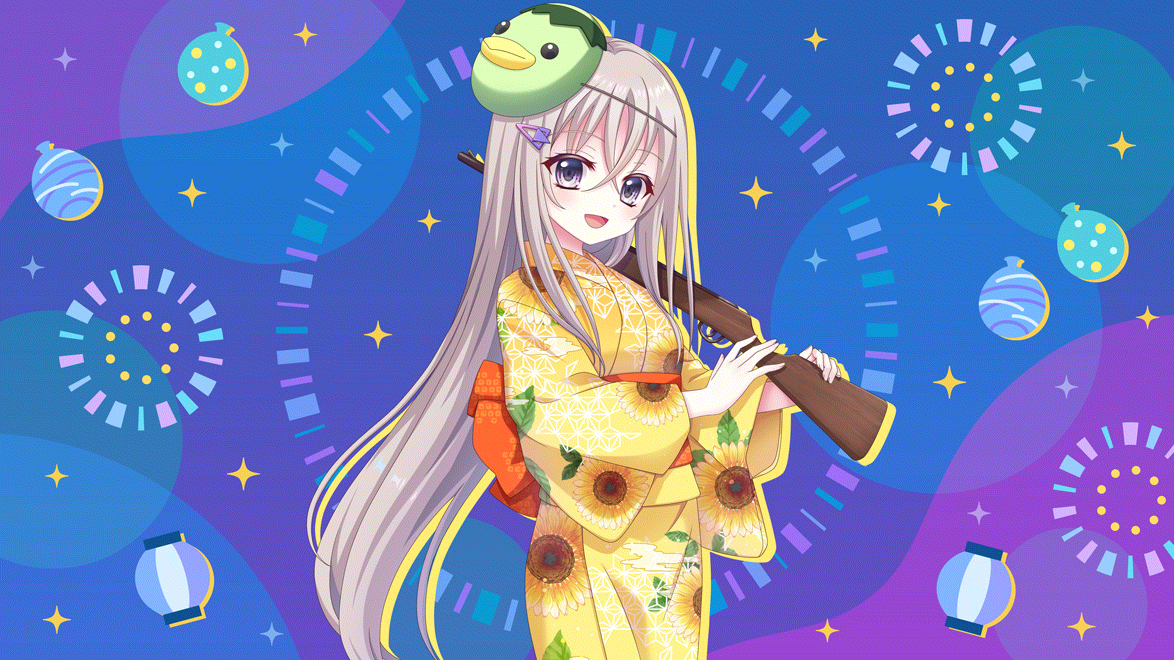 izumi tsubasu, re:stage!, game cg, non-web source, official art, 1girl, :d, blue background, cowboy shot, dot nose, film grain, floral print, floral print kimono, grey hair, hair between eyes, hair ornament, hairclip, holding rifle, japanese clothes, kappa mask, kimono, lantern, long hair, looking at viewer, mask, mask on head, obi, open mouth, orange sash, paper lantern, print kimono, purple background, purple eyes, sakura miu, sash, smile, solo, sparkle background, sunflower print, triangle hair ornament, very long hair, water balloon, yellow kimono, yukata