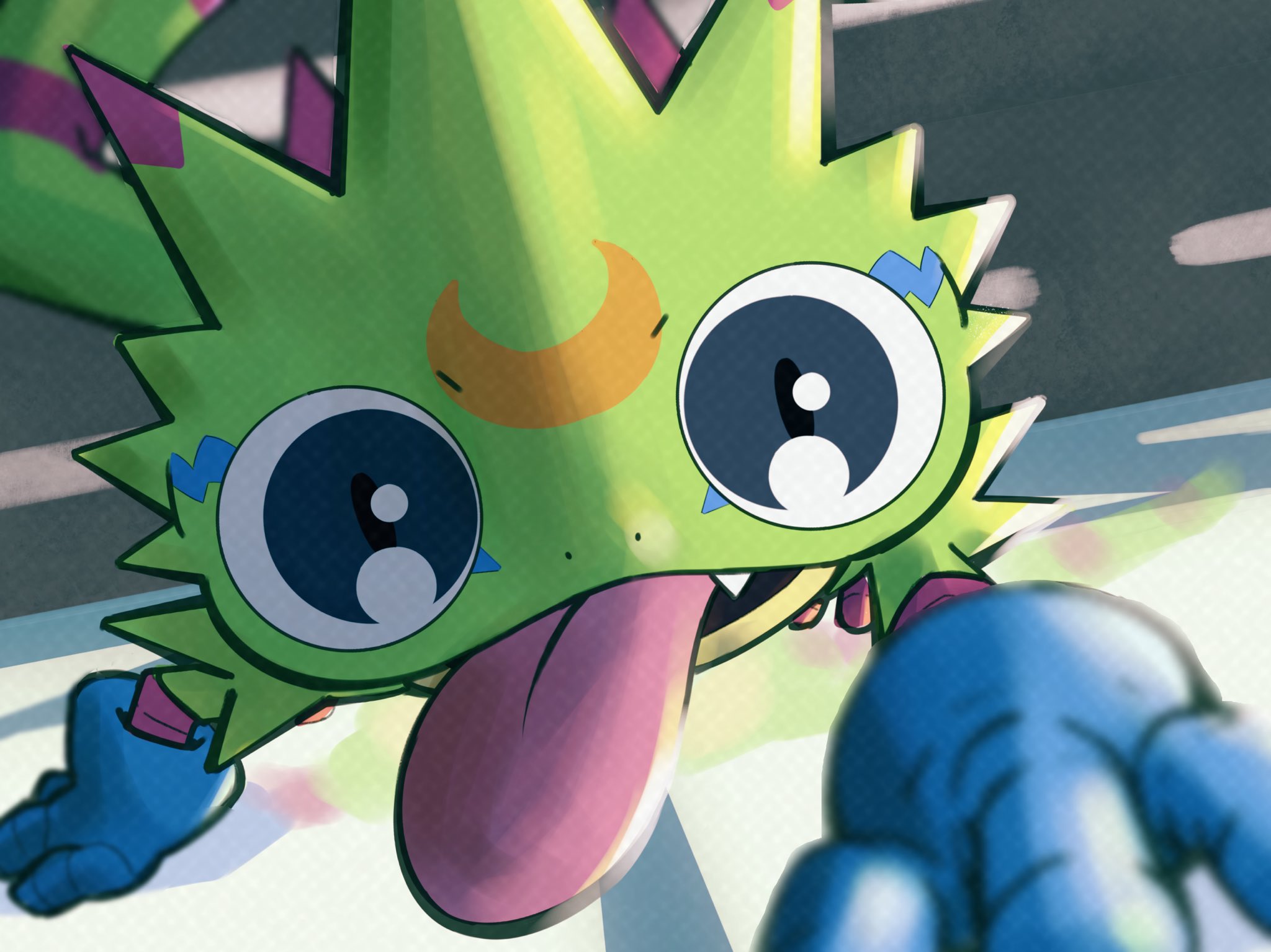 hamoo8686, gekkomon, digimon, highres, blue gloves, digimon (creature), gloves, looking at viewer, no humans, solo, tongue, tongue out