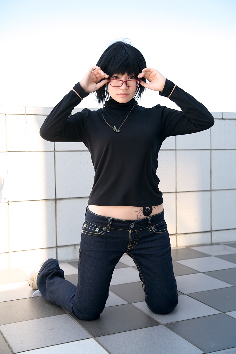 naito, shizuku murasaki, hunter x hunter, highres, photo (medium), cosplay, denim, glasses, jeans, pants, turtleneck