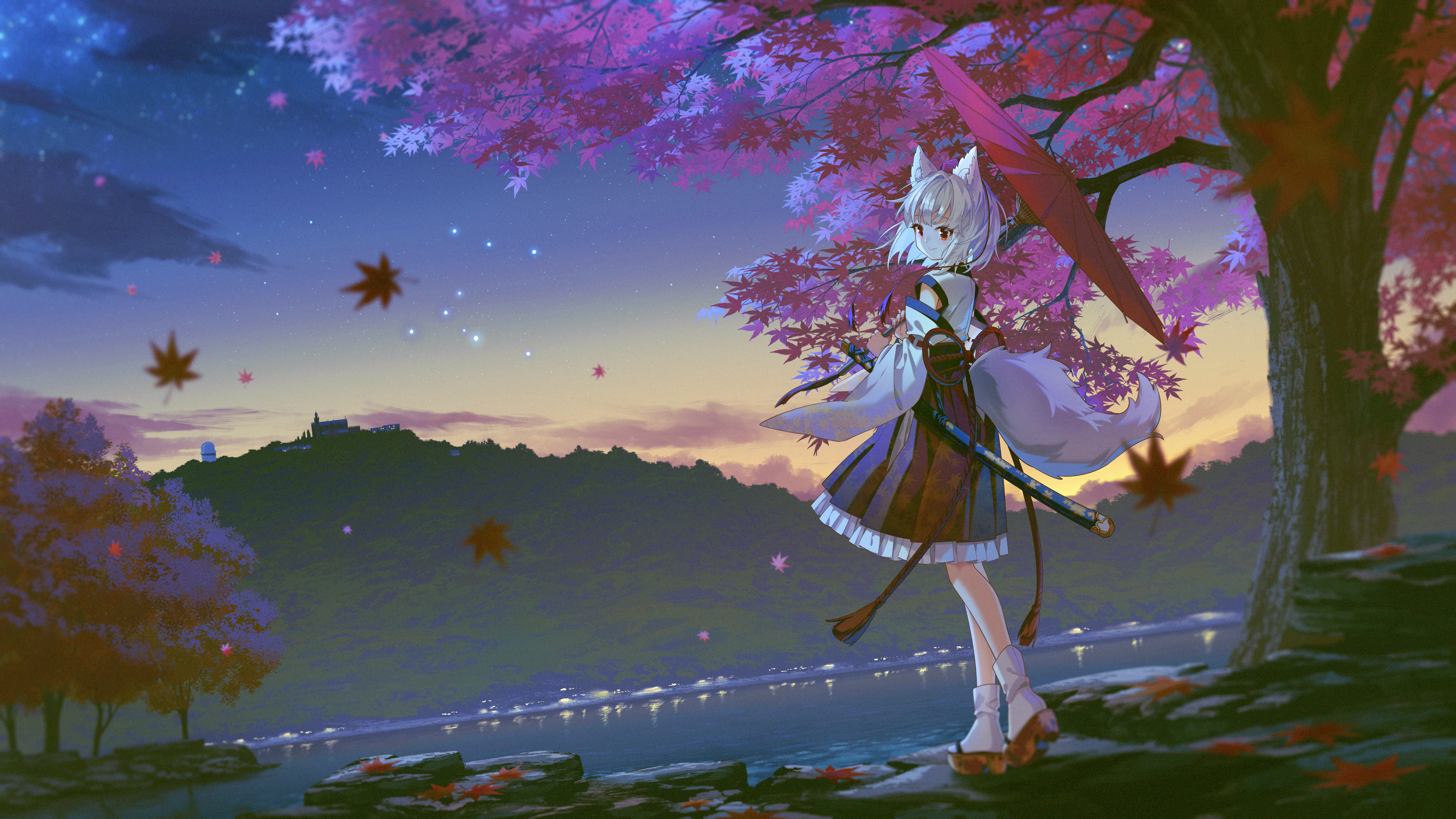 banjie, inubashiri momiji, touhou, absurdres, chinese commentary, commentary request, highres, 1girl, animal ears, autumn leaves, closed mouth, detached sleeves, falling leaves, frilled skirt, frills, grey hair, hat, holding, holding umbrella, lake, leaf, leaf print, maple leaf, medium hair, oil-paper umbrella, outdoors, platform sandals, print skirt, red eyes, red hat, sandals, sheath, sheathed, skirt, smile, socks, solo, sword, tail, tokin hat, tree, umbrella, weapon, white socks, wolf ears, wolf girl, wolf tail