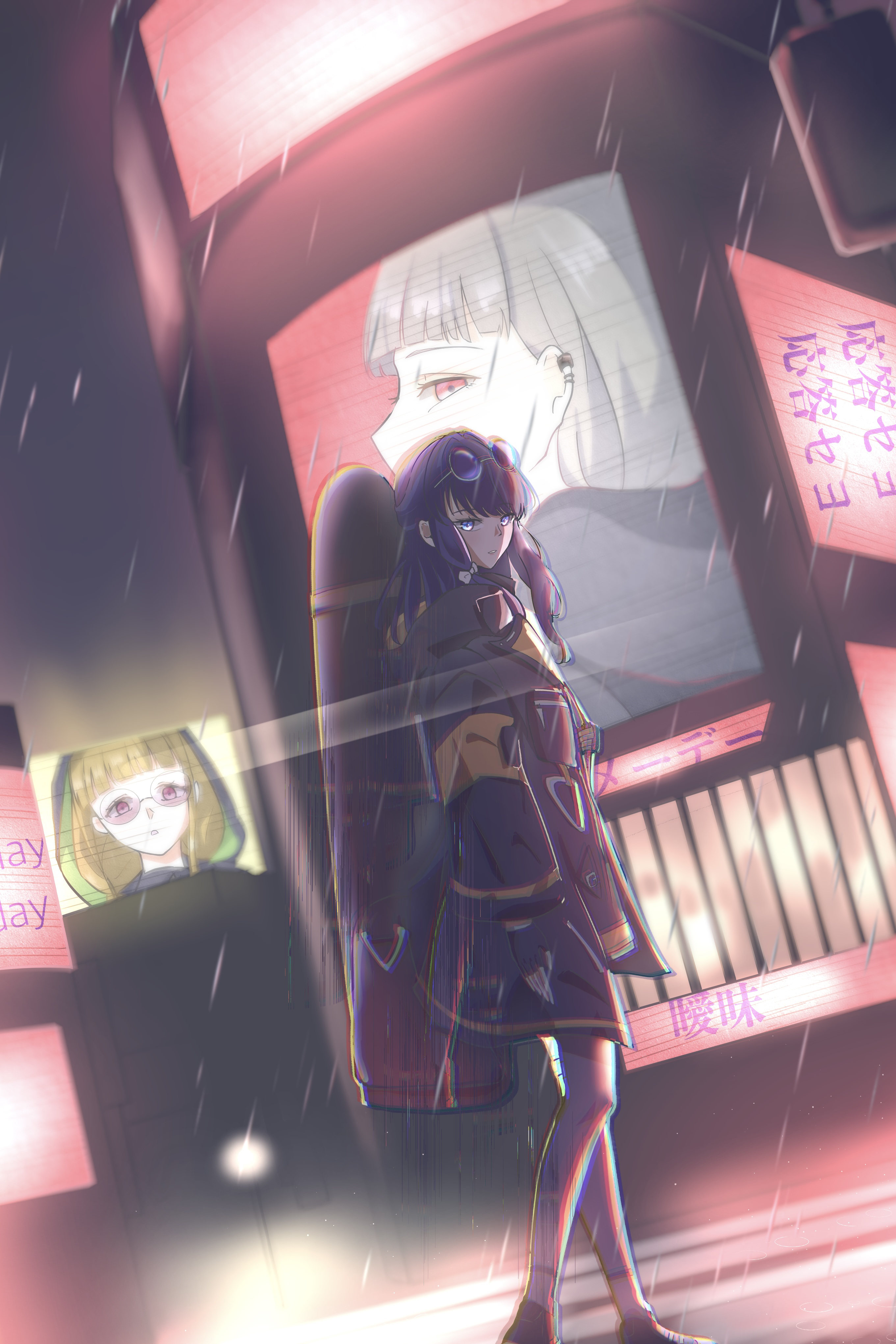 caricariume, kachimachi kosuzu, murano sayaka, link! like! love live!, love live!, absurdres, commentary, highres, 1girl, black coat, black gloves, black pantyhose, blue eyes, blue hair, chromatic aberration, coat, eyewear on head, fingerless gloves, gloves, half updo, heavy chromatic aberration, i my mayday, jumbotron, long hair, long sleeves, official alternate costume, open clothes, open coat, pantyhose, parted lips, round eyewear, solo, virtual youtuber