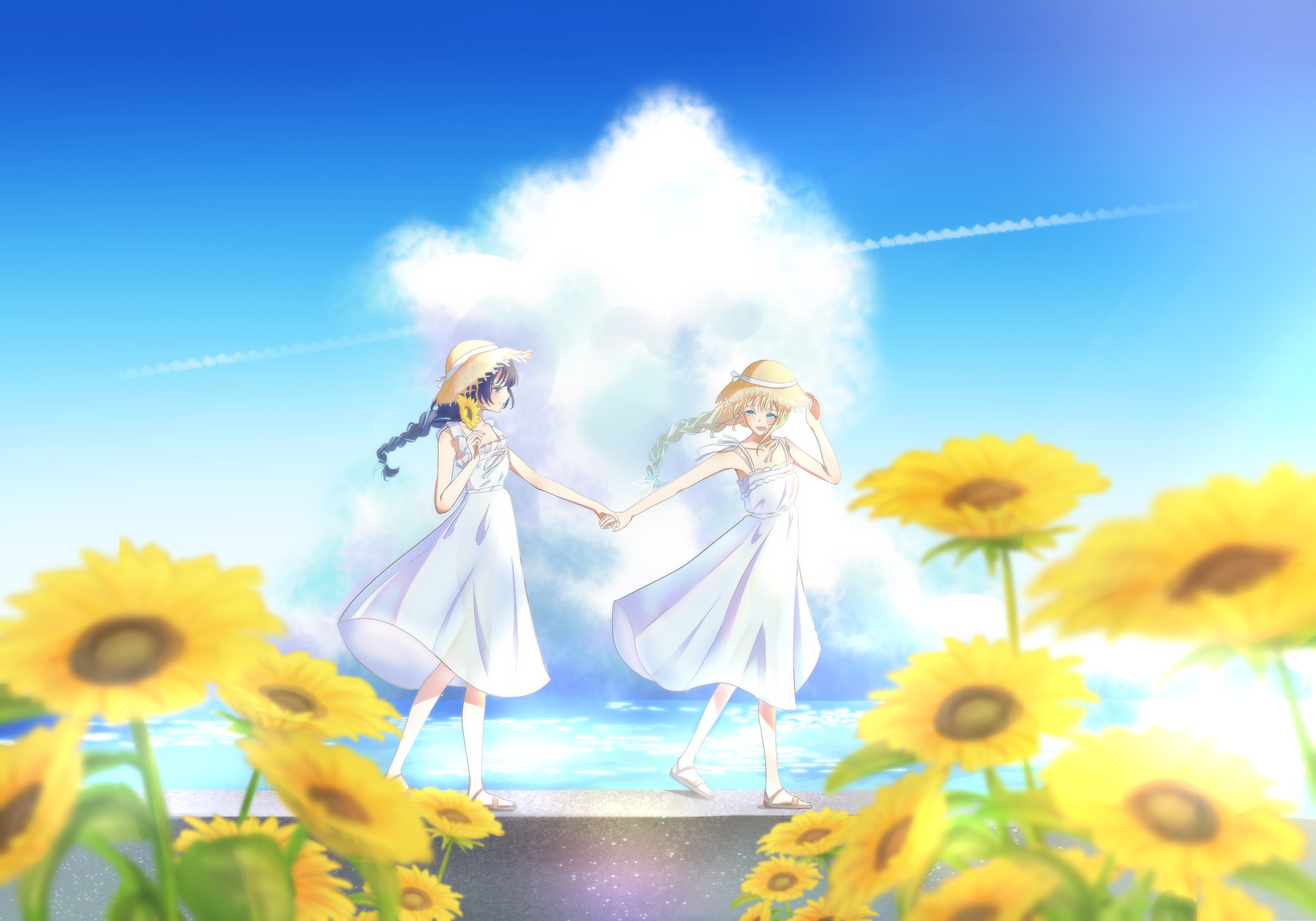 caricariume, murano sayaka, osawa rurino, link! like! love live!, love live!, absurdres, commentary, highres, 2girls, :d, blonde hair, blue eyes, blue hair, braid, brown hat, brown sandals, dress, field, flower, flower field, gradient hair, hat, medium dress, multicolored hair, multiple girls, official alternate costume, open mouth, outdoors, sandals, single braid, smile, straw hat, sun hat, sundress, sunflower, sunflower field, virtual youtuber, walking, white dress, yellow flower