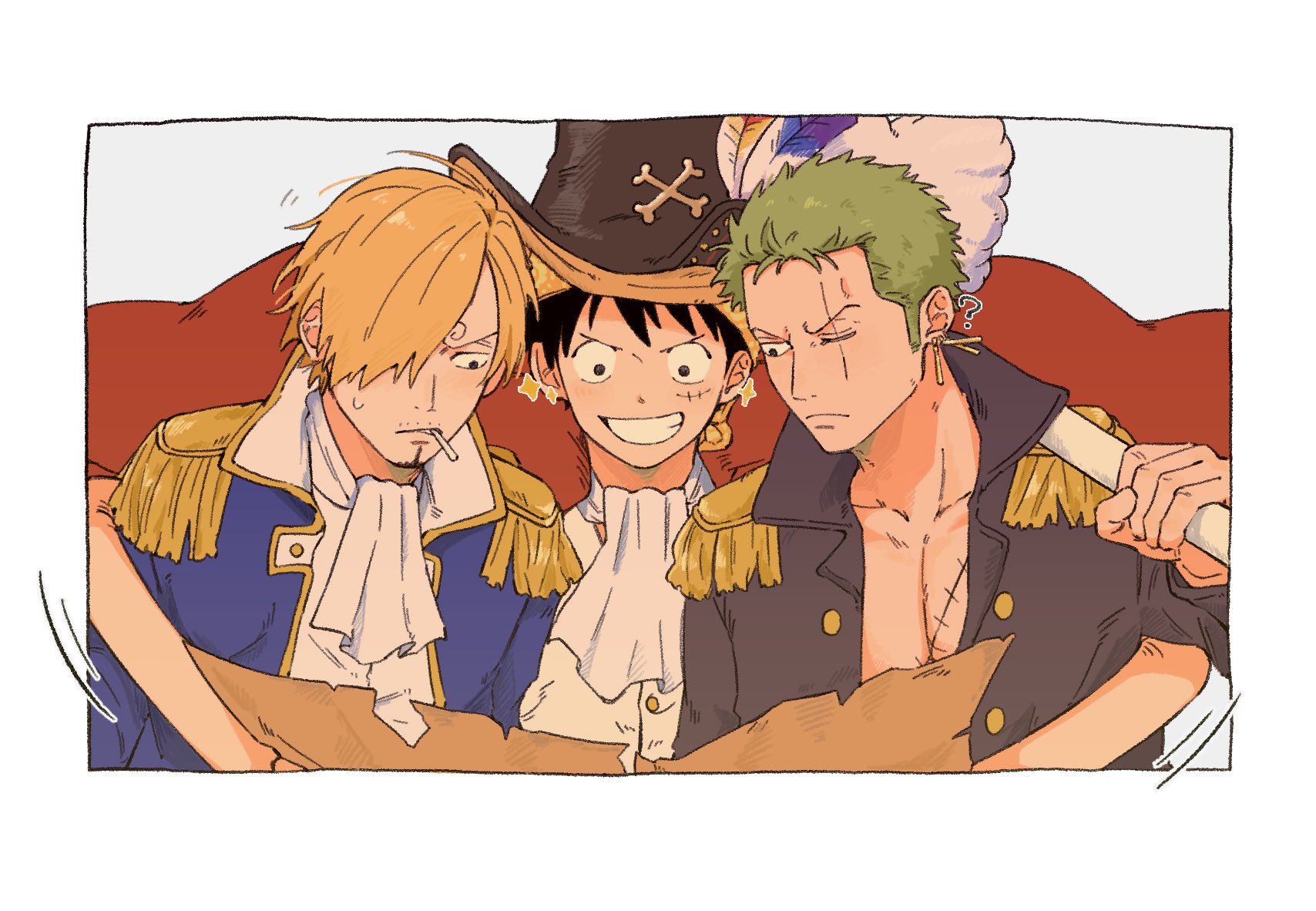 iqracha, monkey d. luffy, roronoa zoro, sanji (one piece), one piece, commentary, highres, symbol-only commentary, 3boys, ascot, black coat, blonde hair, blue coat, border, cape, cigarette, coat, collared shirt, epaulettes, green hair, grin, hair over one eye, hat, hat feather, holding, holding map, male focus, map, map (object), multiple boys, pectoral cleavage, pectorals, pirate hat, red cape, scar, scar across eye, scar on face, shirt, short hair, sideburns, smile, smoking, white ascot, white border