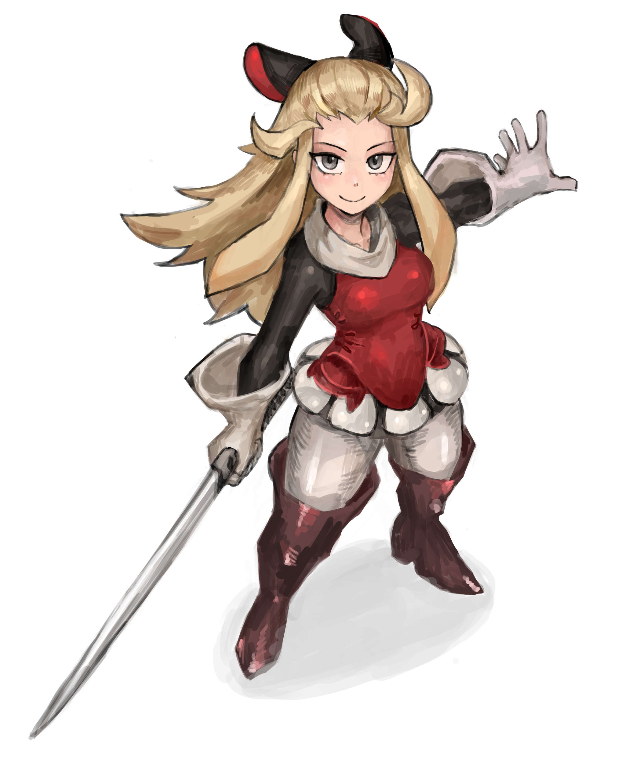 saiykik, edea lee, bravely default: flying fairy, bravely default (series), 1girl, ahoge, blonde hair, blue eyes, boots, bow, gloves, hair bow, hair pulled back, holding, holding sword, holding weapon, long hair, pants, sidelocks, solo, sword, weapon, white background, white gloves, white pants