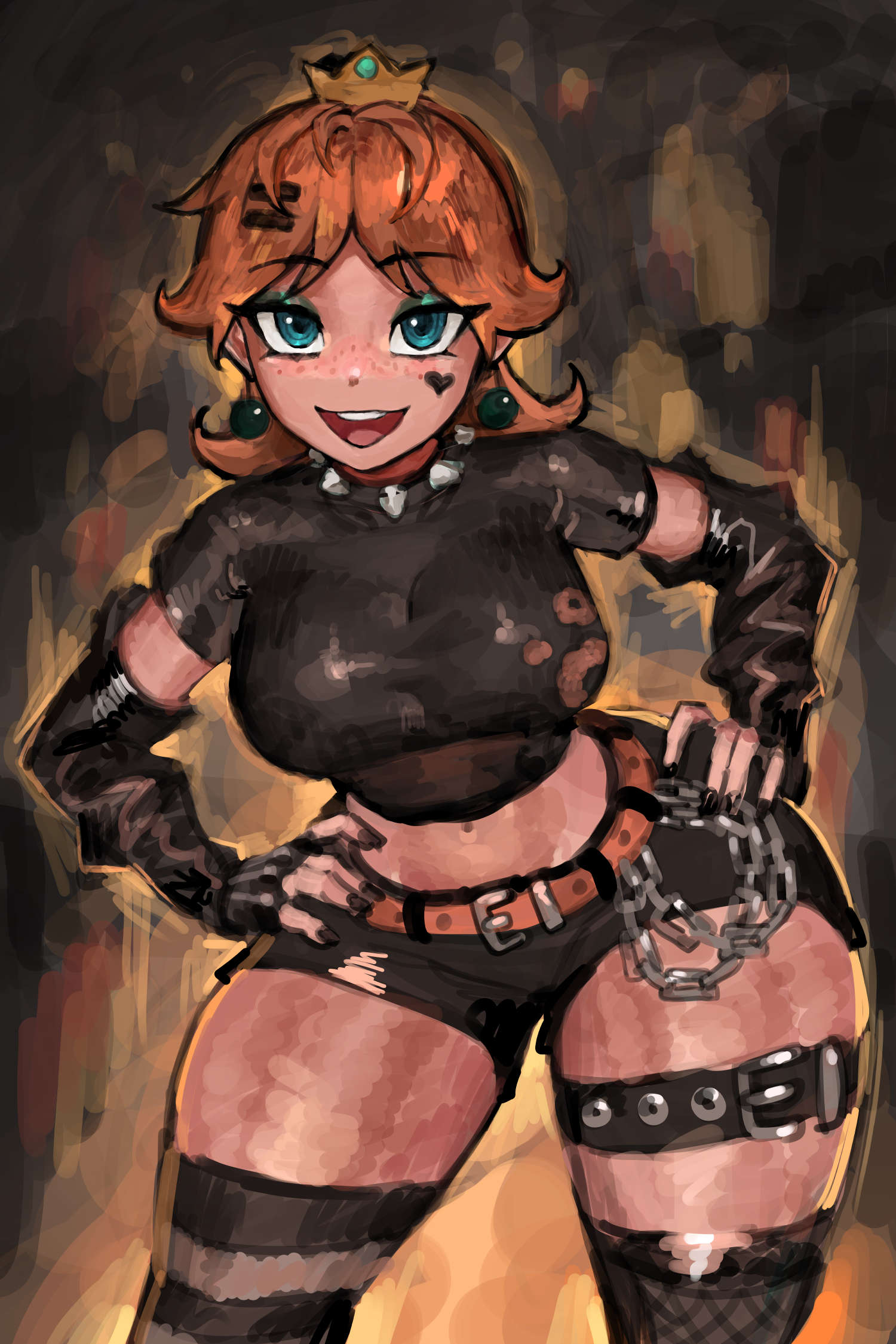 saiykik, princess daisy, mario (series), nintendo, 1girl, belt, black gloves, black shirt, black shorts, blue eyes, breasts, brown hair, choker, collar, cropped shirt, fishnet pantyhose, fishnets, gloves, hand on own hip, large breasts, midriff, open mouth, pantyhose, shirt, shorts, solo, spiked collar, spikes, thick thighs, thigh belt, thigh strap, thighs, wide hips