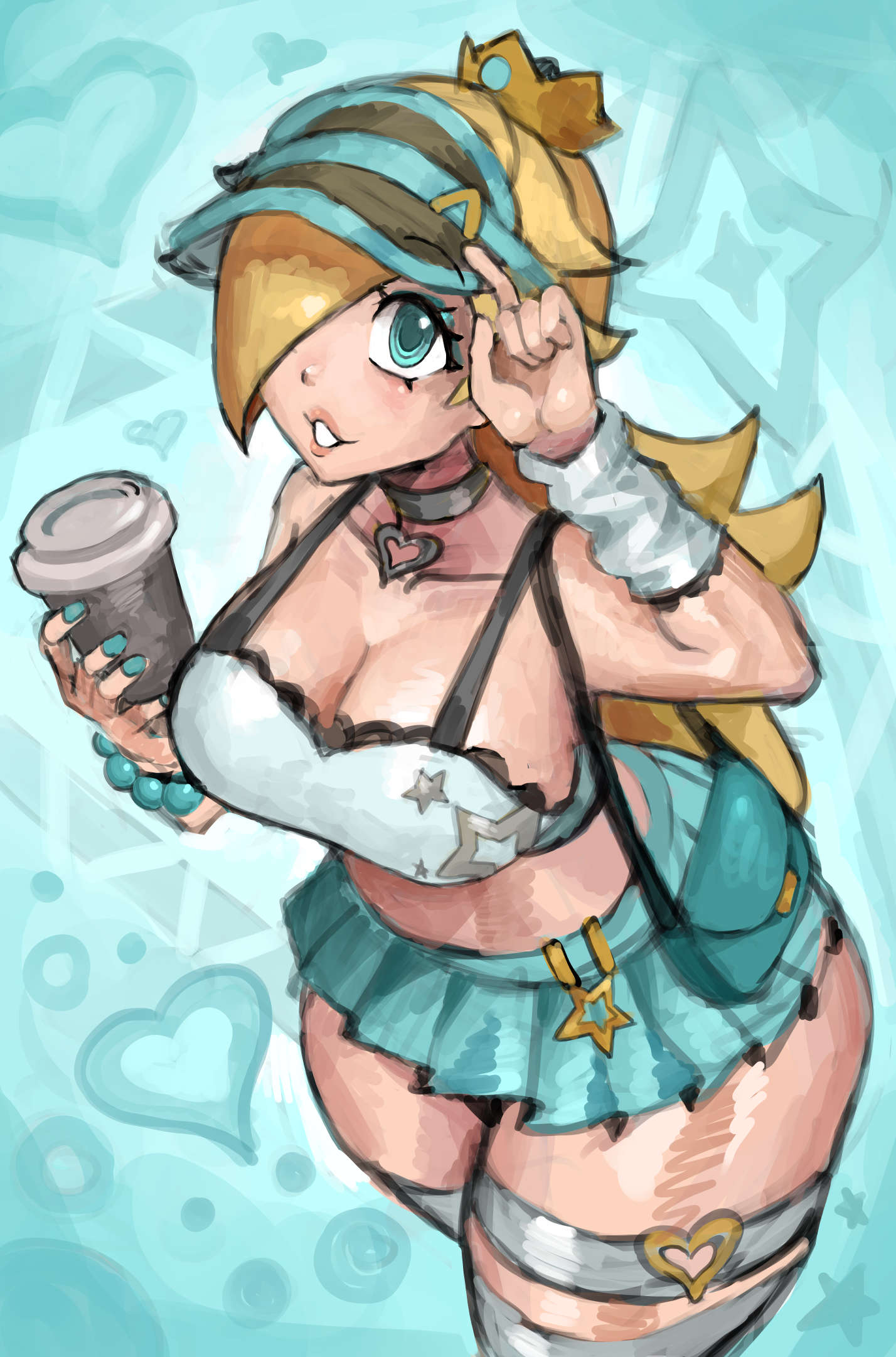 saiykik, rosalina, mario (series), nintendo, 1girl, aqua skirt, blonde hair, blue eyes, breasts, cleavage, crown, cup, hair over one eye, holding, holding cup, large breasts, looking up, microskirt, nail polish, skirt, solo, thick thighs, thigh strap, thighs, visor cap